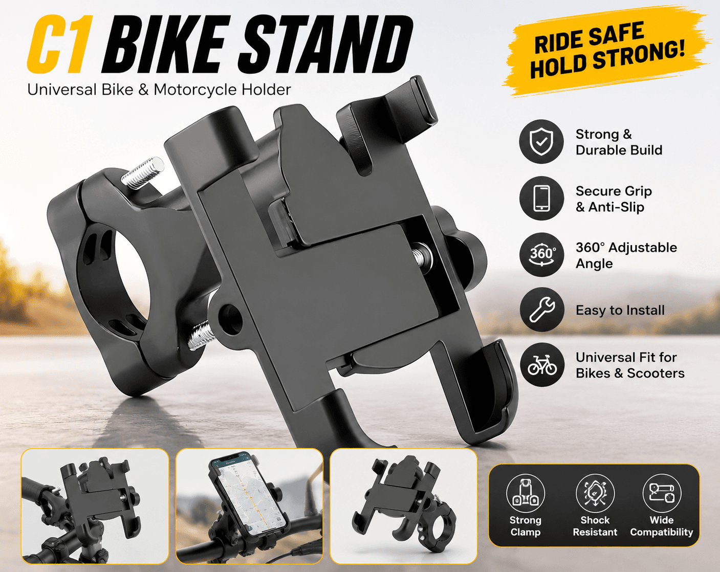 C1 Universal Bike & Motorcycle Phone Holder | 360° Adjustable Mount