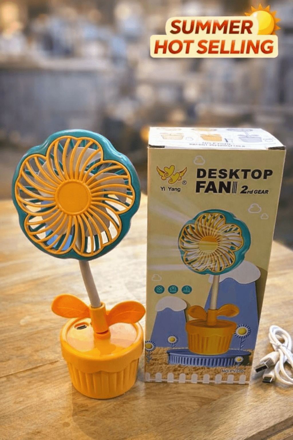 Yi Yang Sunflower Desktop Fan – Cute Potted Flower Design, 2-Speed Adjustable Personal Cooling Fan, USB Rechargeable with Flexible Gooseneck