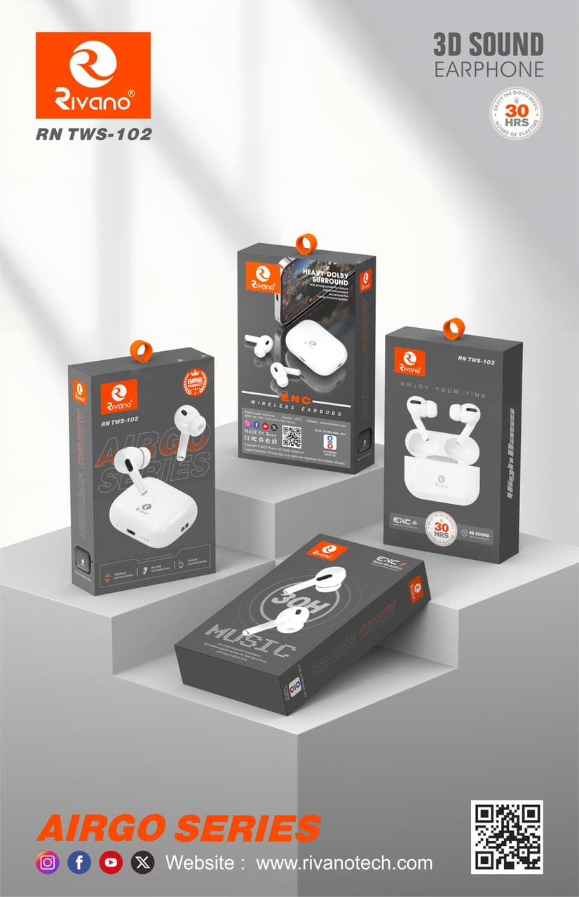 Rivano RN TWS-102 Airgo Series Earbuds – Heavy Dolby Surround 3D Sound & 30H Battery Life with ENC