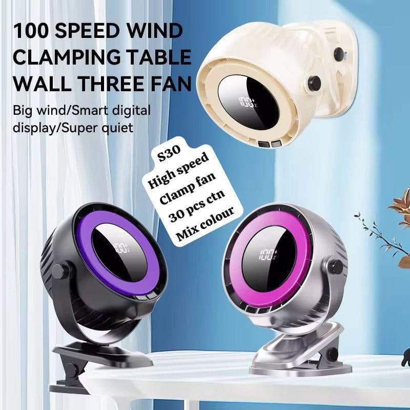 S30 High-Speed Turbo Clip Fan – 100 Speed Wind, Smart LED Digital Display, 3-in-1 Table & Wall Mountable Rechargeable Personal Fan