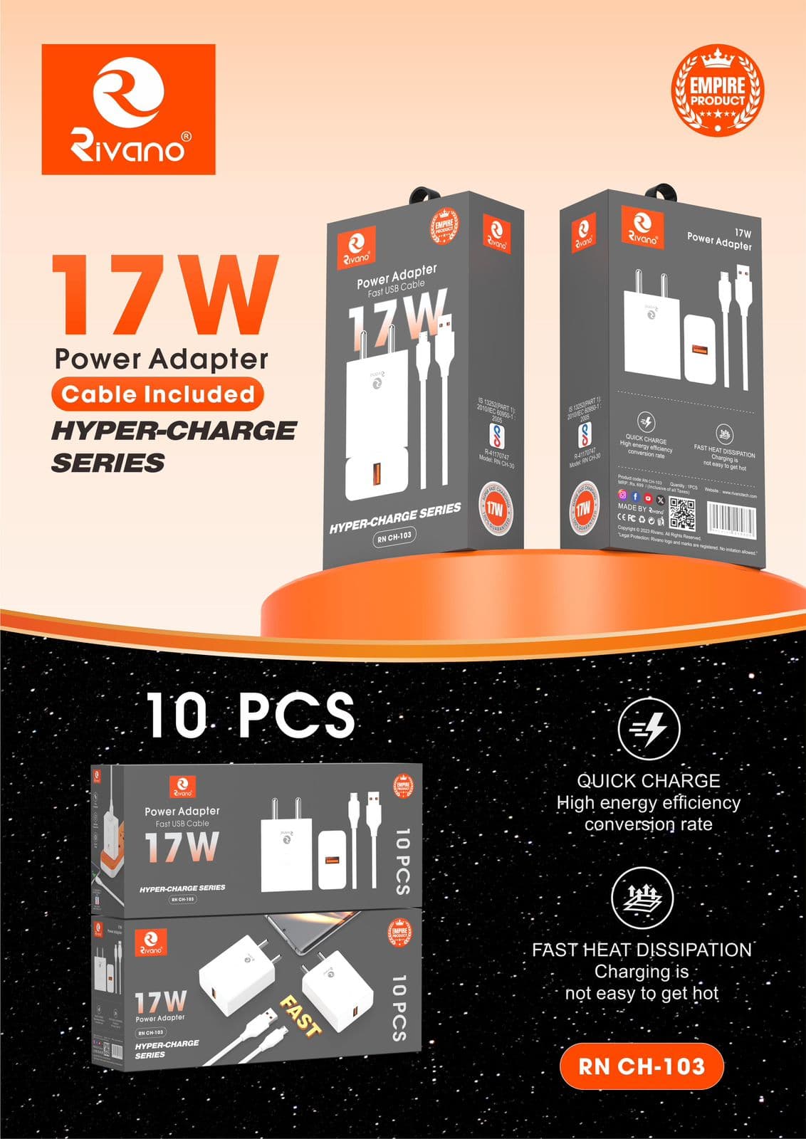 Rivano RN CH-103 Micro V8 17W Power Adapter Hyper-Charge Series with Fast USB Cable