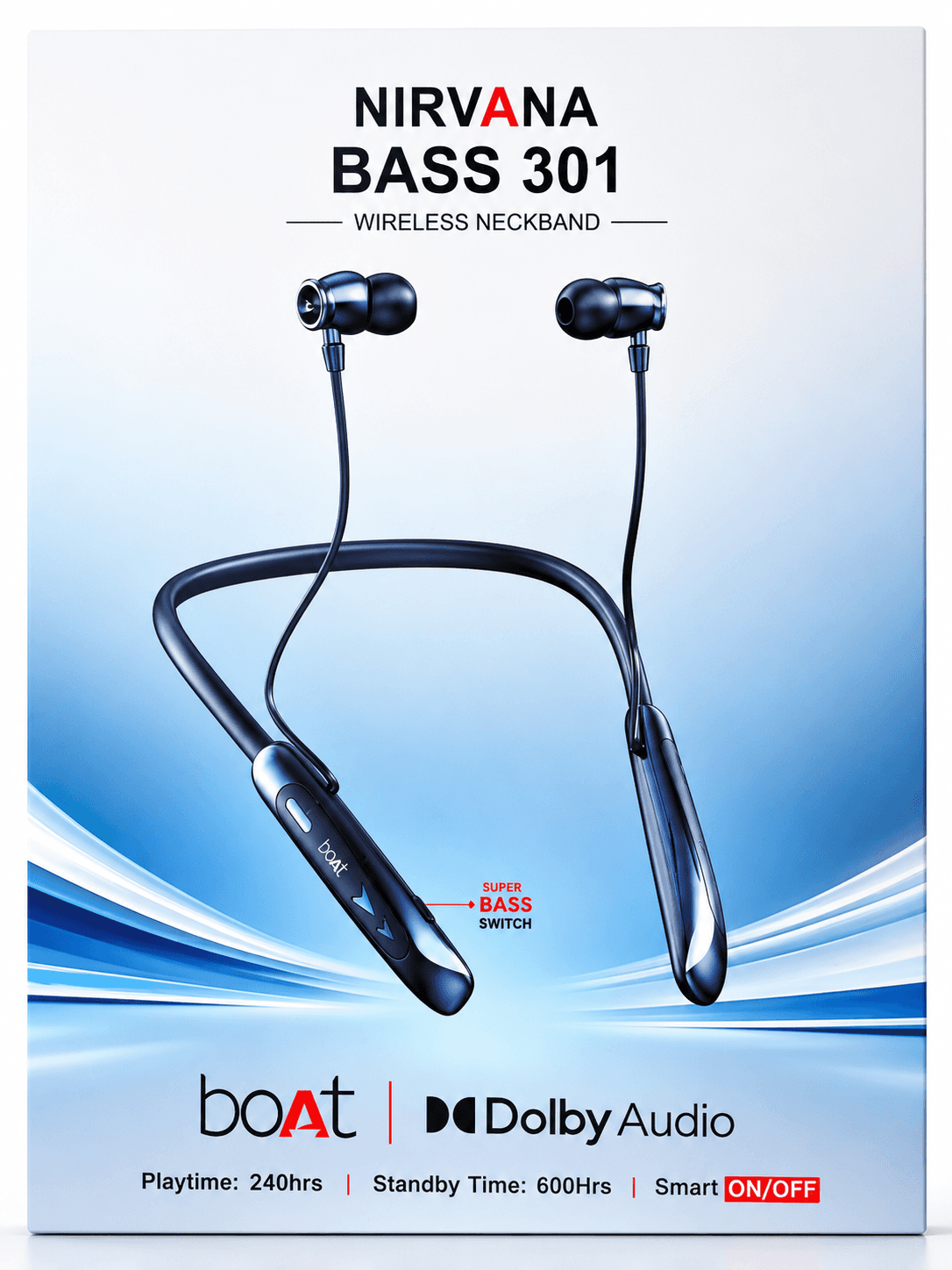 boAt Nirvana Bass 301 Wireless Neckband Earphones with Dolby Audio (Blue/Black, 240Hrs Playtime, Super Bass Switch, Smart On/Off)