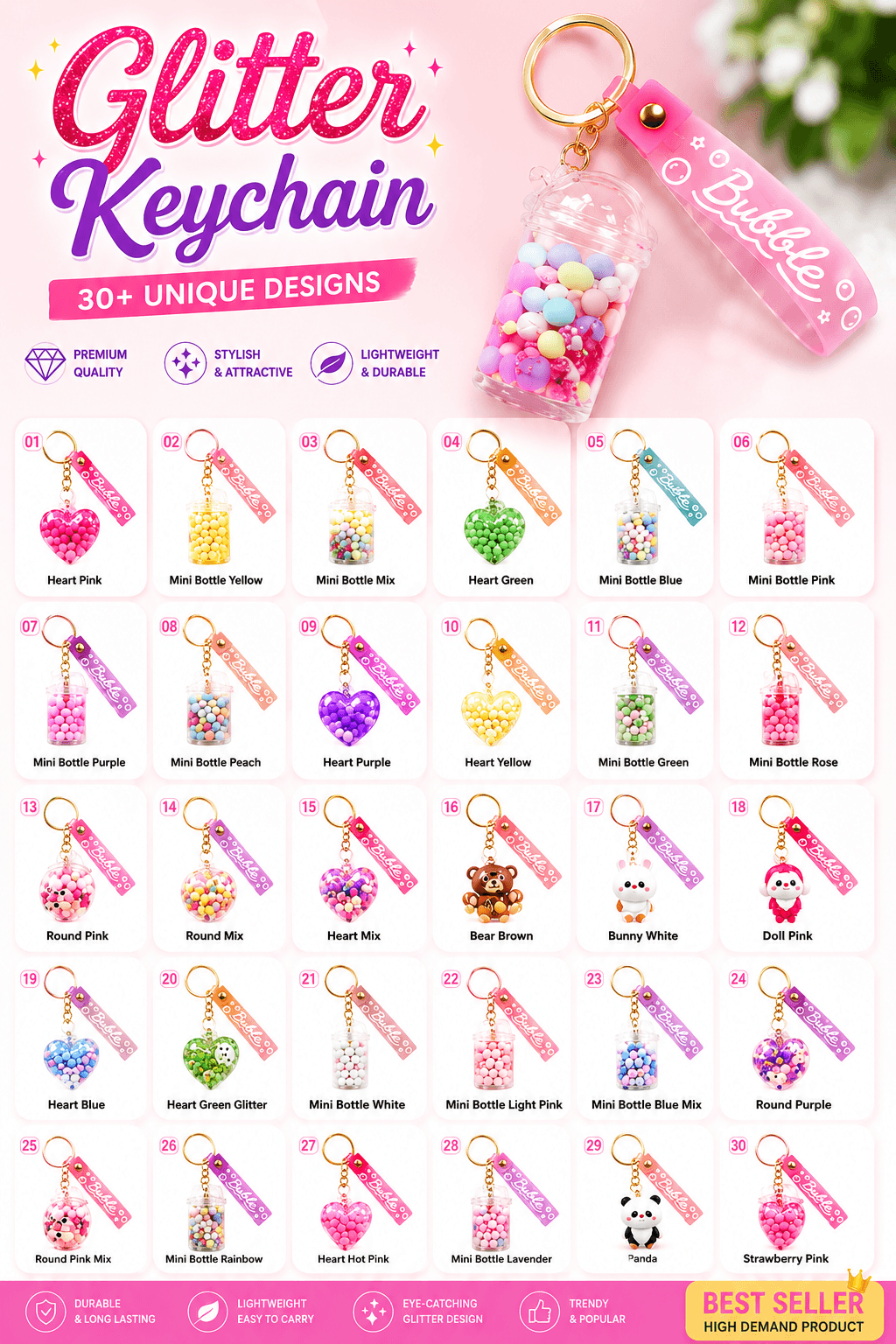 Cute Liquid Glitter Keychain | Aesthetic Mini Bottle & Heart Charm Keyring for Girls