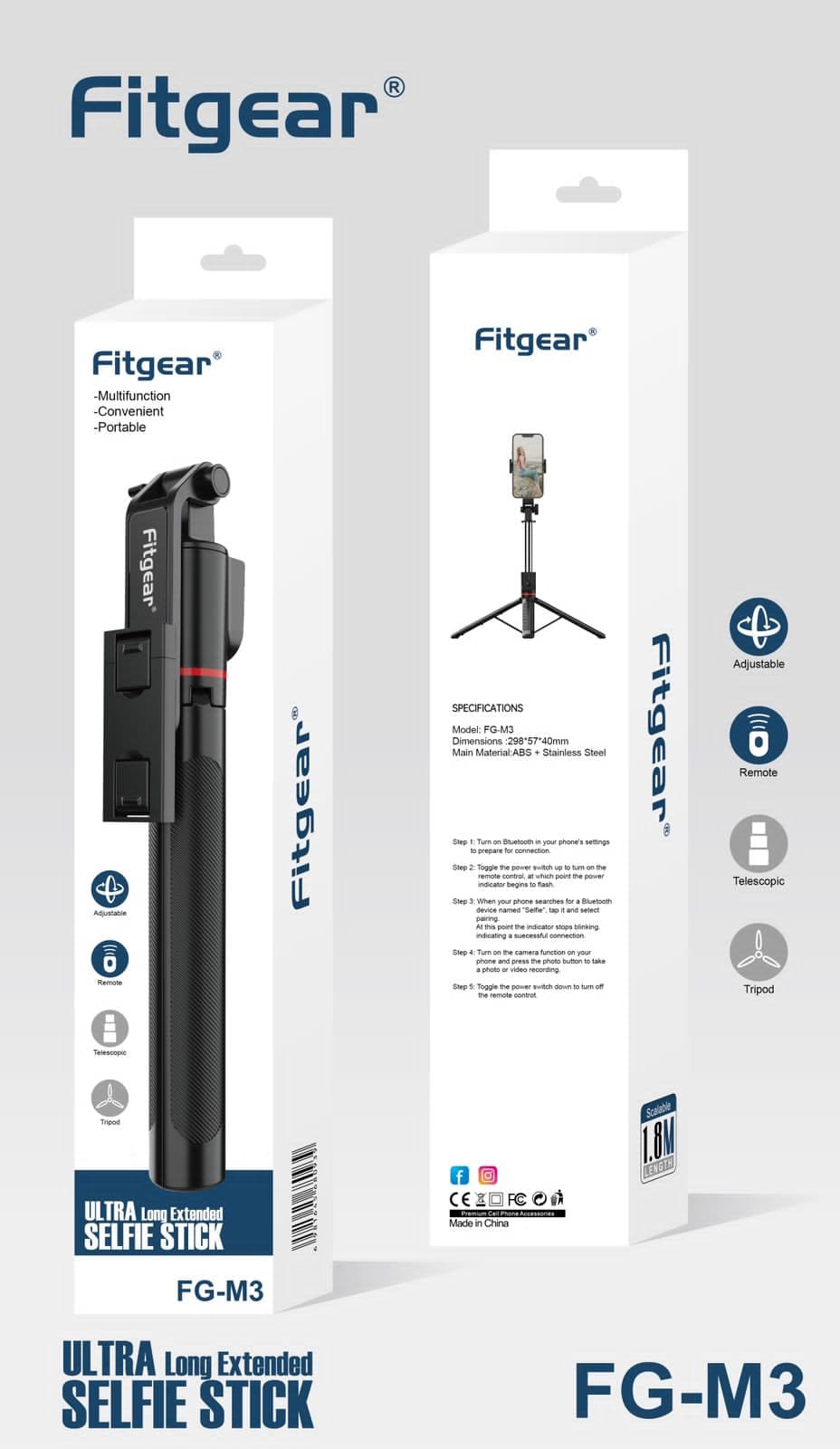 FITGEAR FG- M3 selfie stick tripod available, 60 pcs ctn, 5 feet height