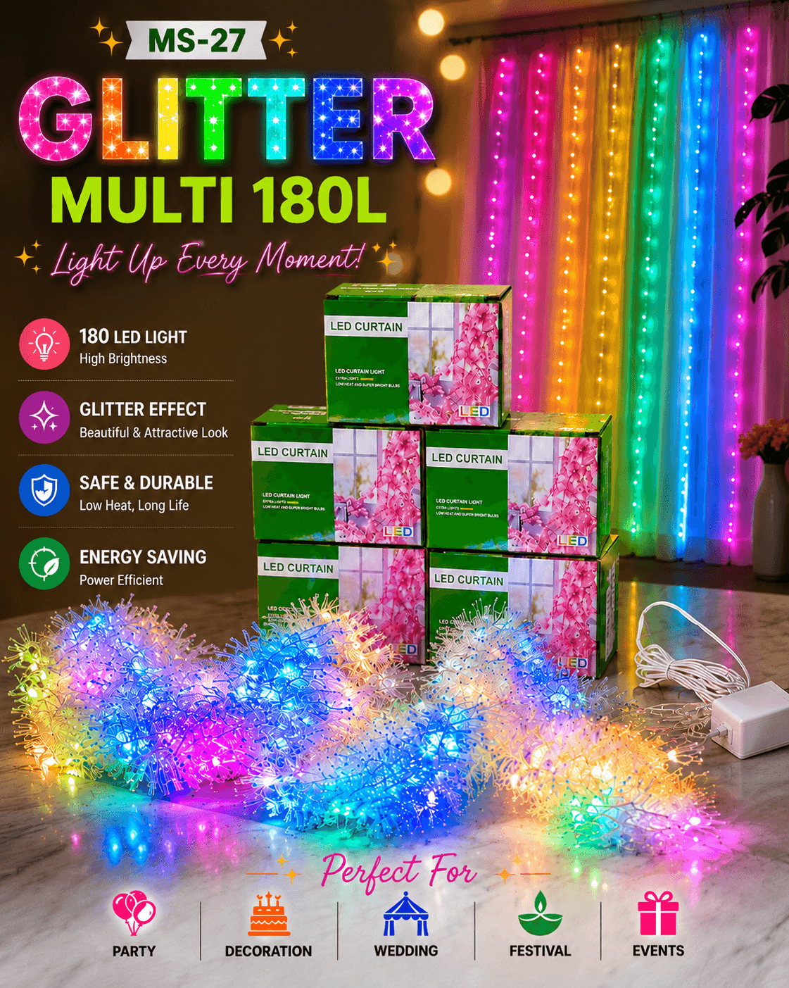 MS-27 GLITTER MULTI 180L LED Curtain Lights – Sparkling Multicolor Decorative Lights for Festivals & Parties