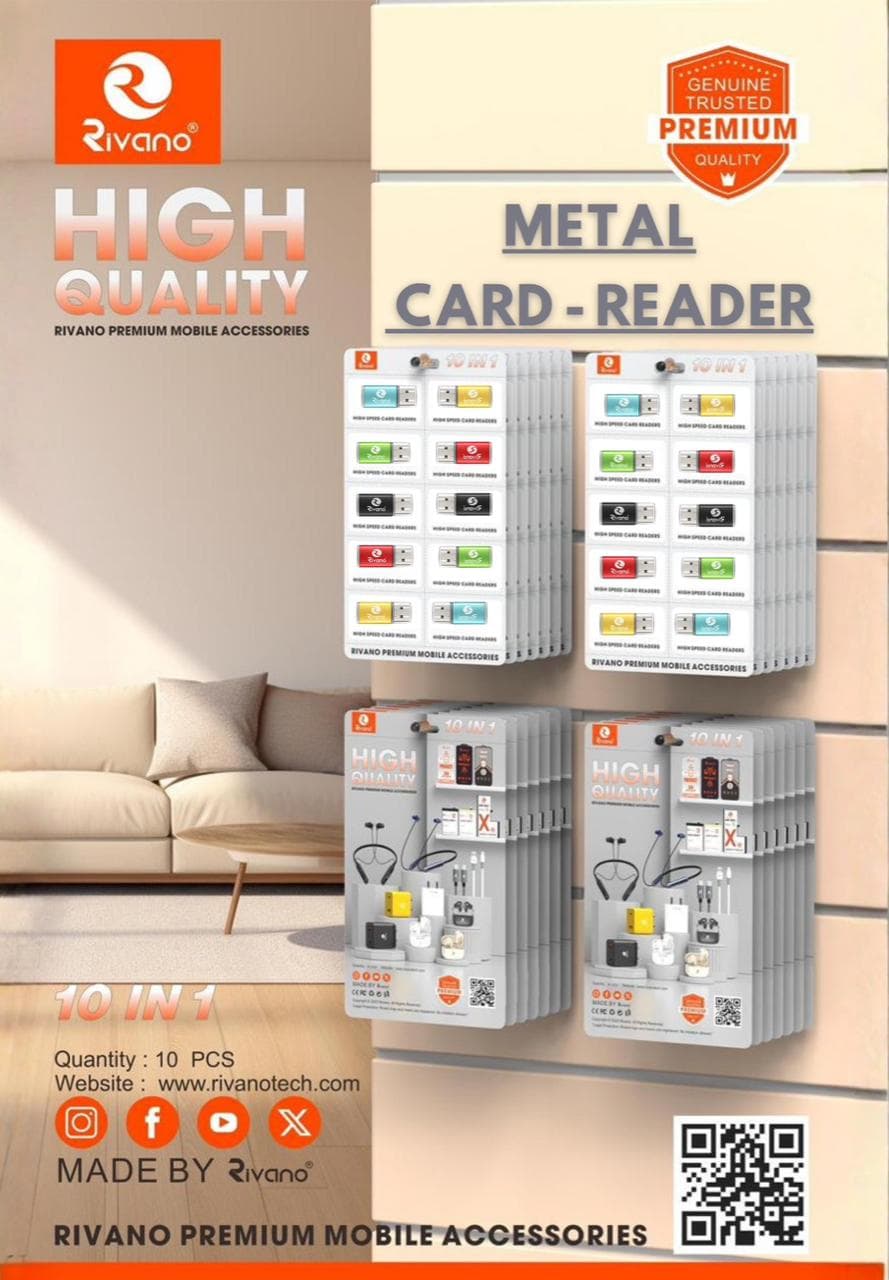 Rivano 10-in-1 High-Speed Metal Card Reader – Durable Alloy Body, Universal Compatibility (Pack of 10 PCS)