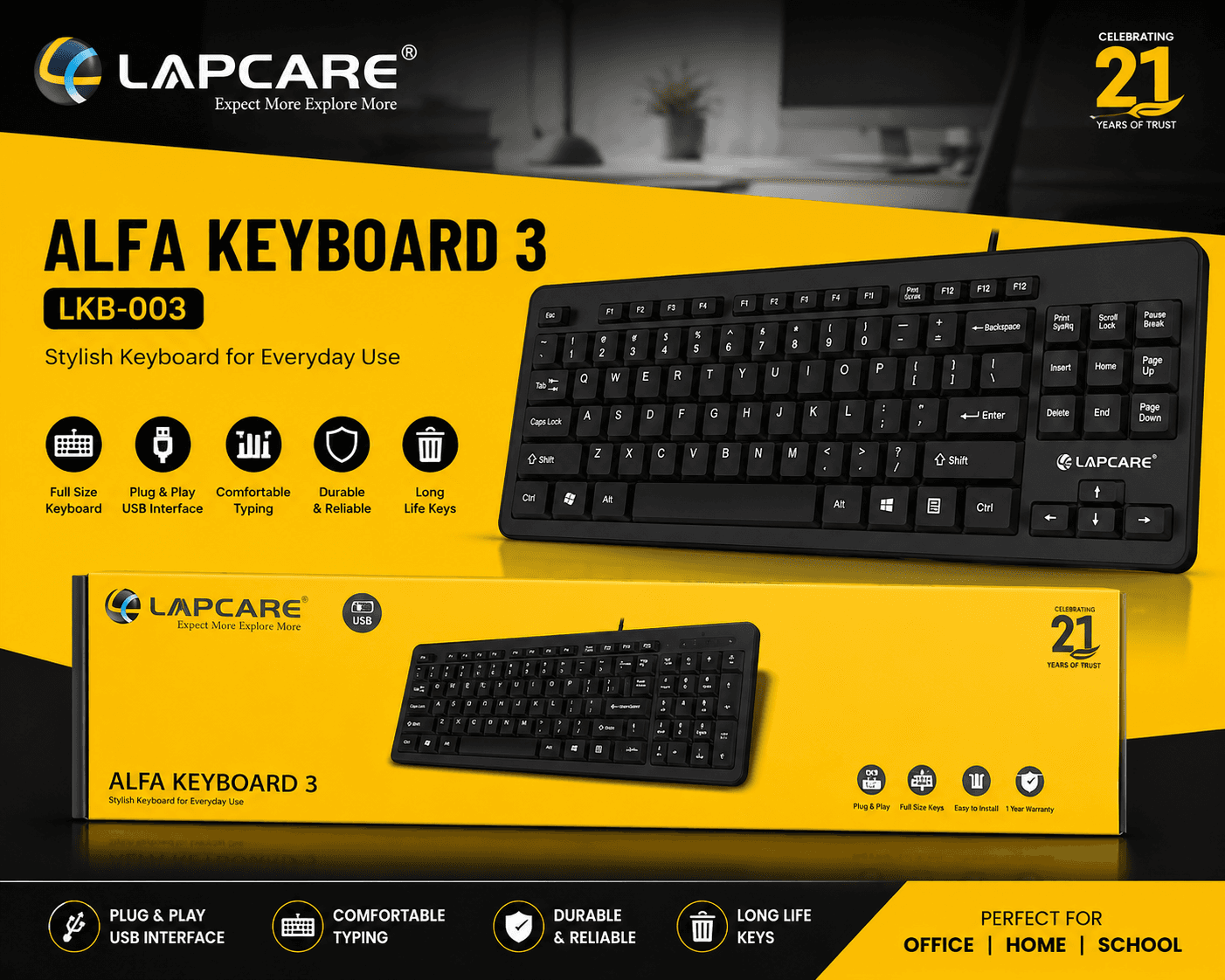 Lapcare ALFA KEYBOARD 3 (LKB-003) USB Wired Keyboard – Full Size Layout, Comfortable Typing, Plug & Play for Office, Home & School