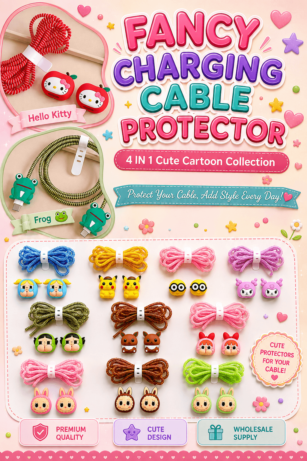 Fancy Charging Cable Protector Set – 4-in-1 Cute Cartoon Cable Winder & Saver Multi-Character Designs