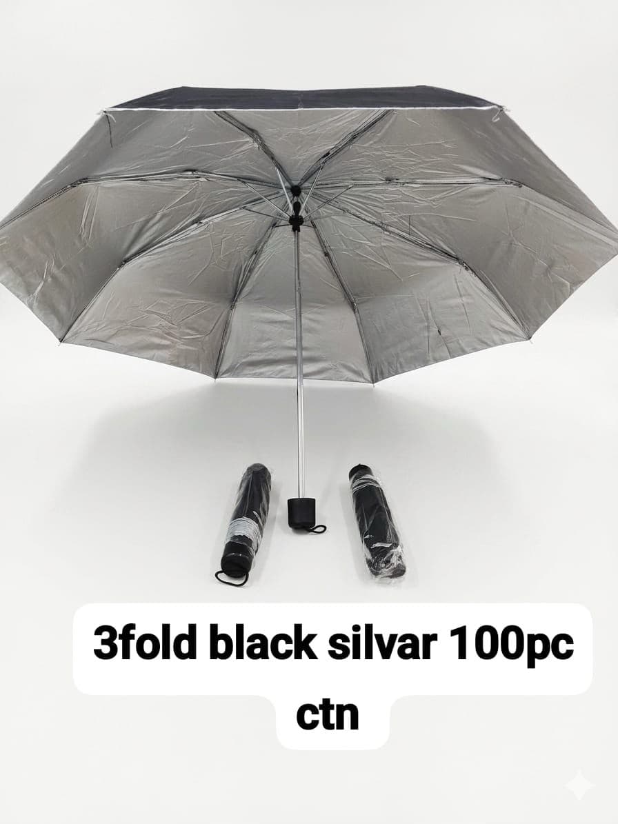 Premium 3-Fold Black Umbrellas with Silver UV Coating