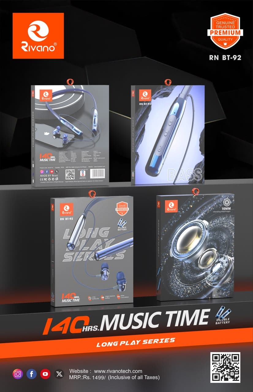 Rivano Long Play Series RN BT-92 Wireless Bluetooth Neckband with 140 Hours Music Time, Double Battery & 10mm Bass Drivers