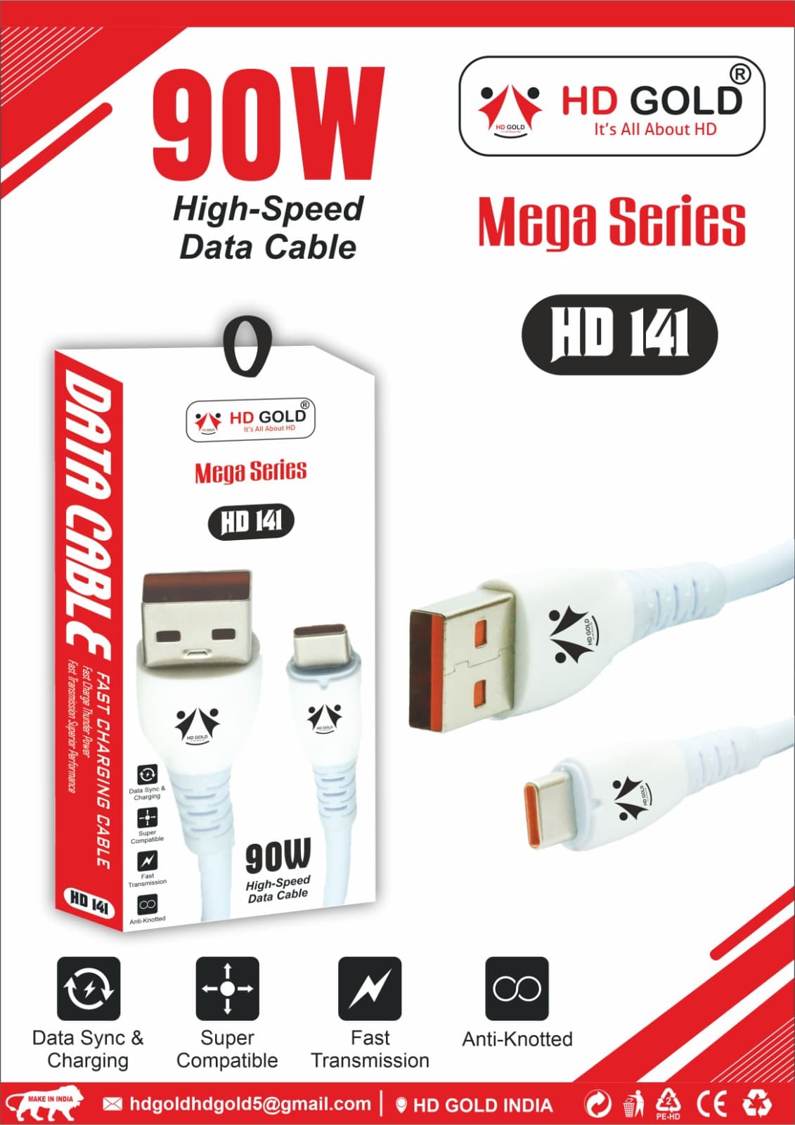HD Gold Mega Series HD 141 90W High-Speed Data Cable – Fast Charging, Data Sync, Anti-Knotted — Cable Type: V8