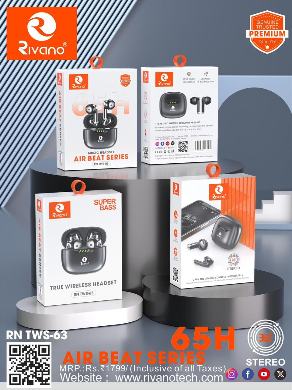 Rivano RN TWS-63 Air Beat Series – 65H Playtime True Wireless Stereo Headset with Super Bass