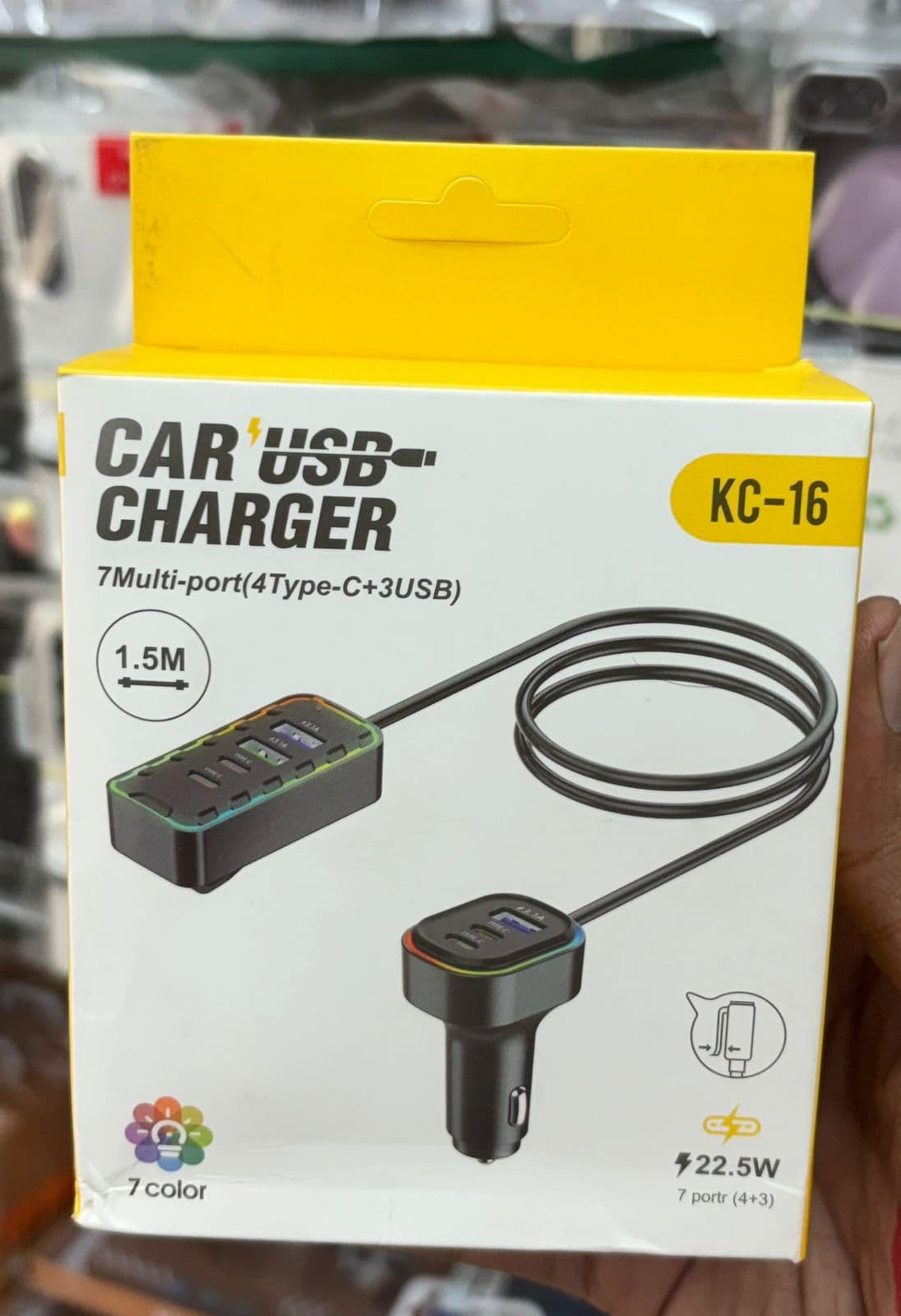 KC-16 22.5W Fast Car USB Charger – 7 Multi-Port Hub (4 Type-C + 3 USB) with 1.5M Extension Cable & 7-Color LED Light