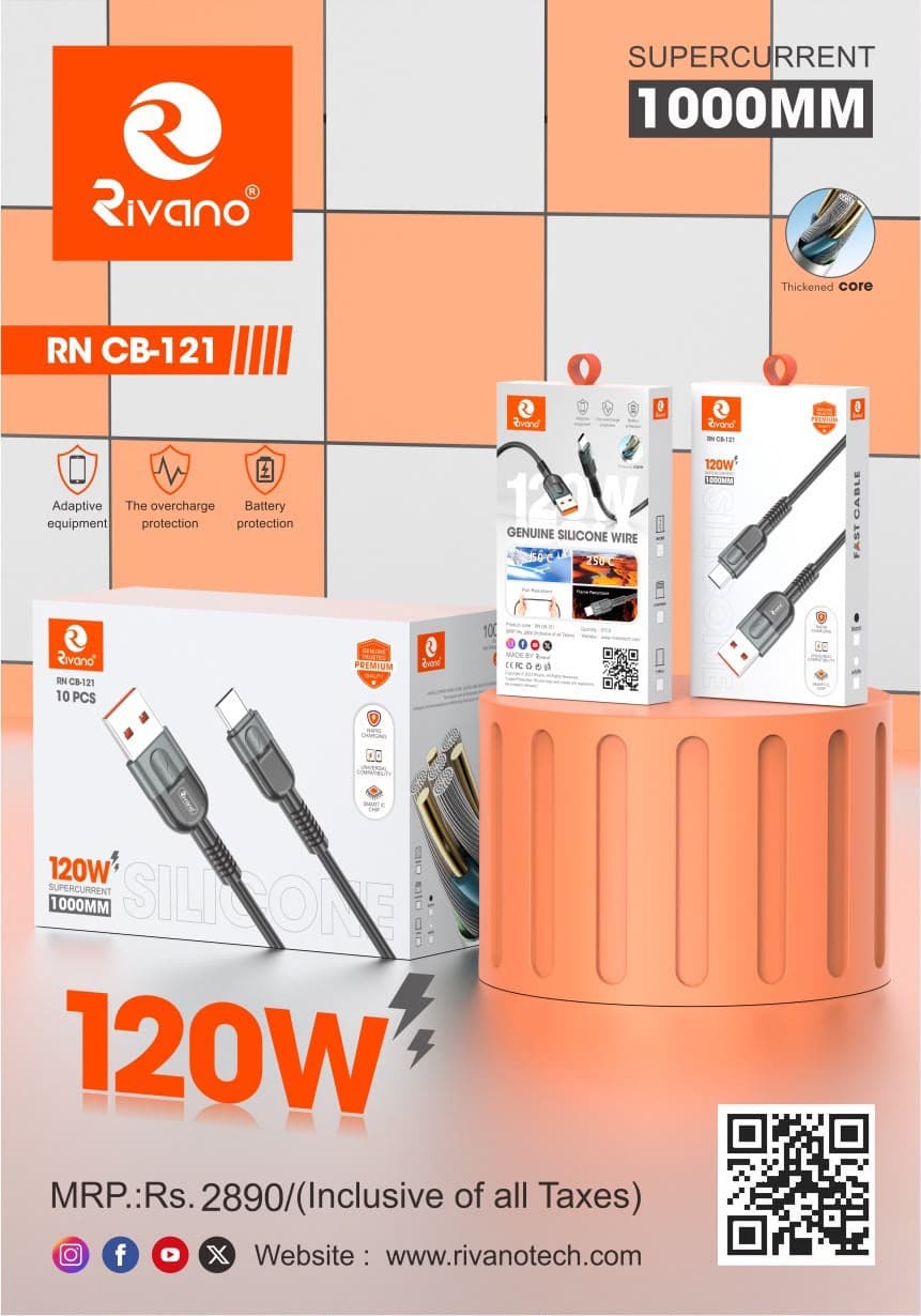 Rivano RN CB-121 USB to Type-C 120W Fast Charging & Data Cable, Durable Soft Silicone Wire with Reinforced Strain Relief