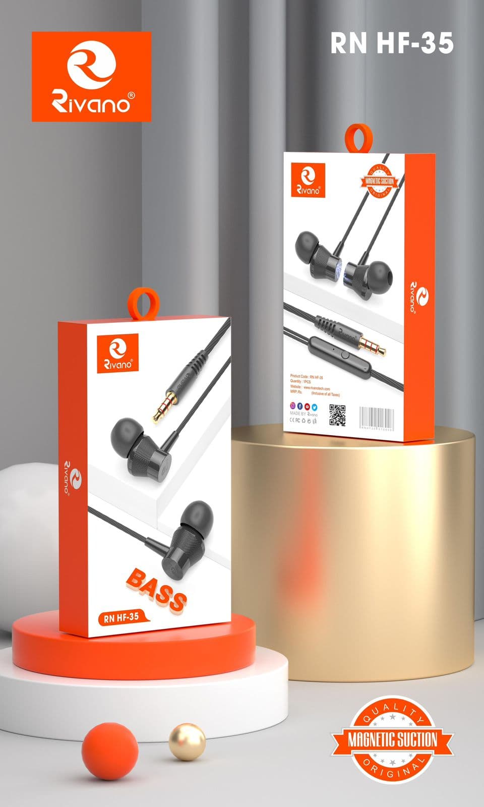 Rivano RN HF-35 Wired In-Ear Bass Earphones with Magnetic Suction and Built-in Mic