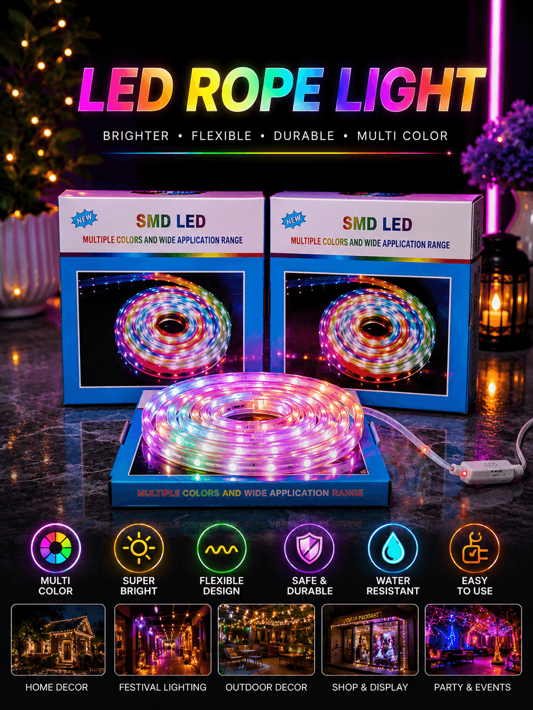 LED Rope Light 20M – Multi-Color Flexible & Water-Resistant SMD LED Strip for Home, Outdoor & Festival Decor