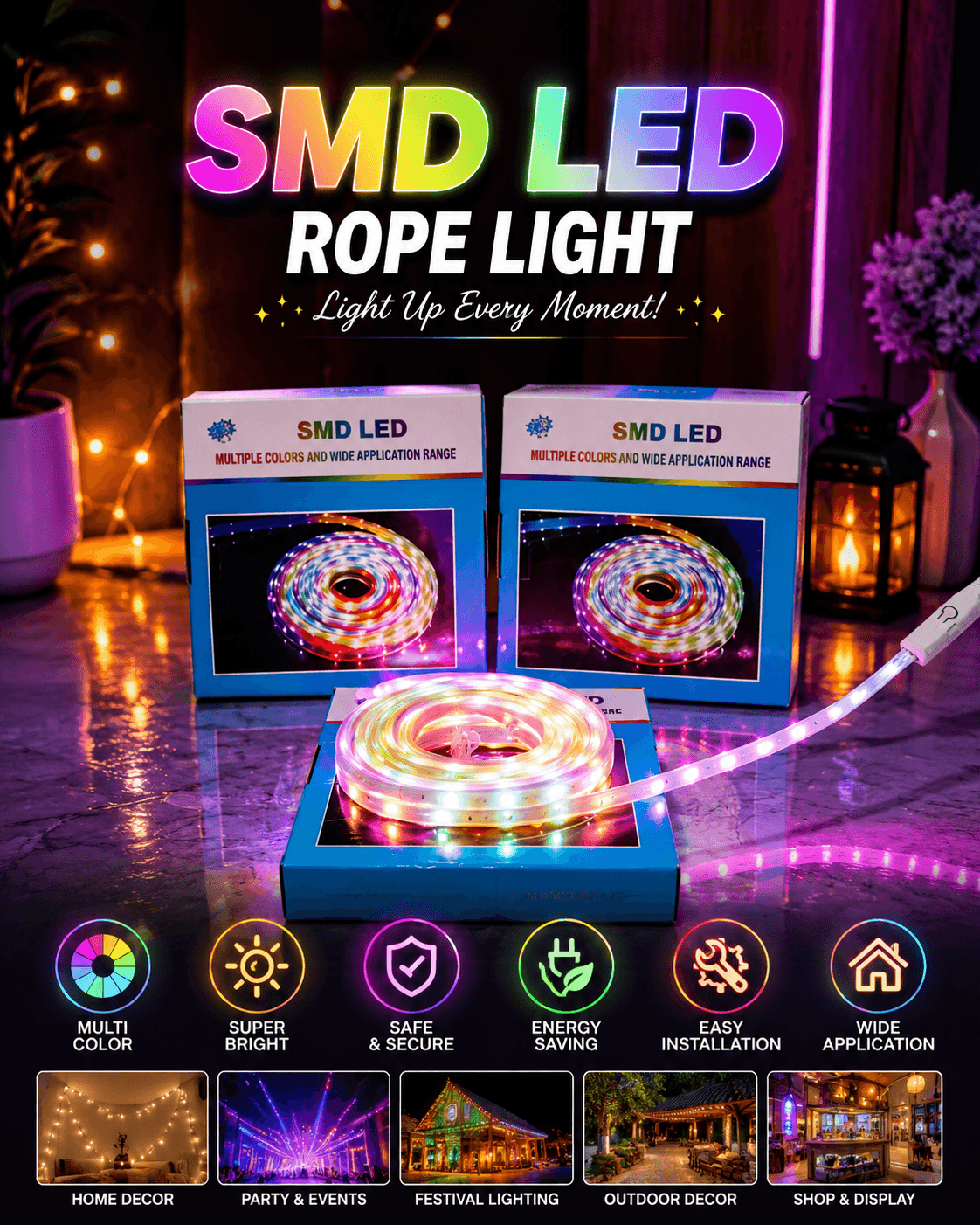 SMD LED Rope Light 7M – Multi-Color Flexible Decorative LED Strip for Home, Festival & Outdoor Lighting