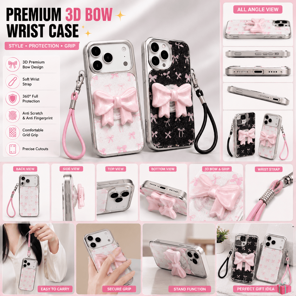 🎀 New Arrival – Premium 3D Bow Pop Grip Case with Wrist Strap 🎀 — Model: IP 15