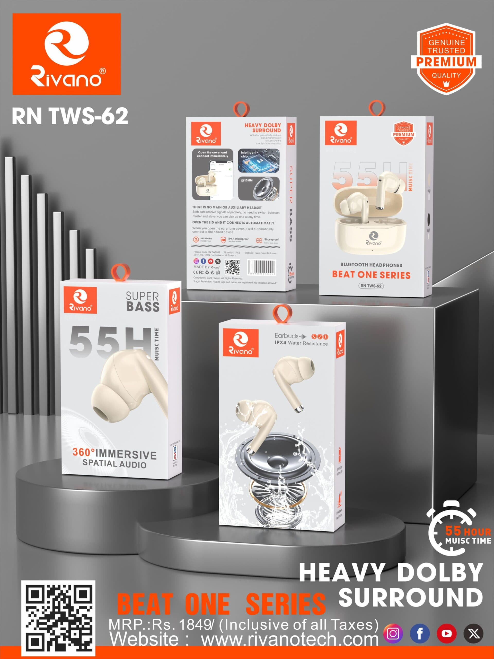 Rivano RN TWS-62 Beat One Series Wireless Earbuds – 55 Hours Playtime & Heavy Dolby Surround Sound