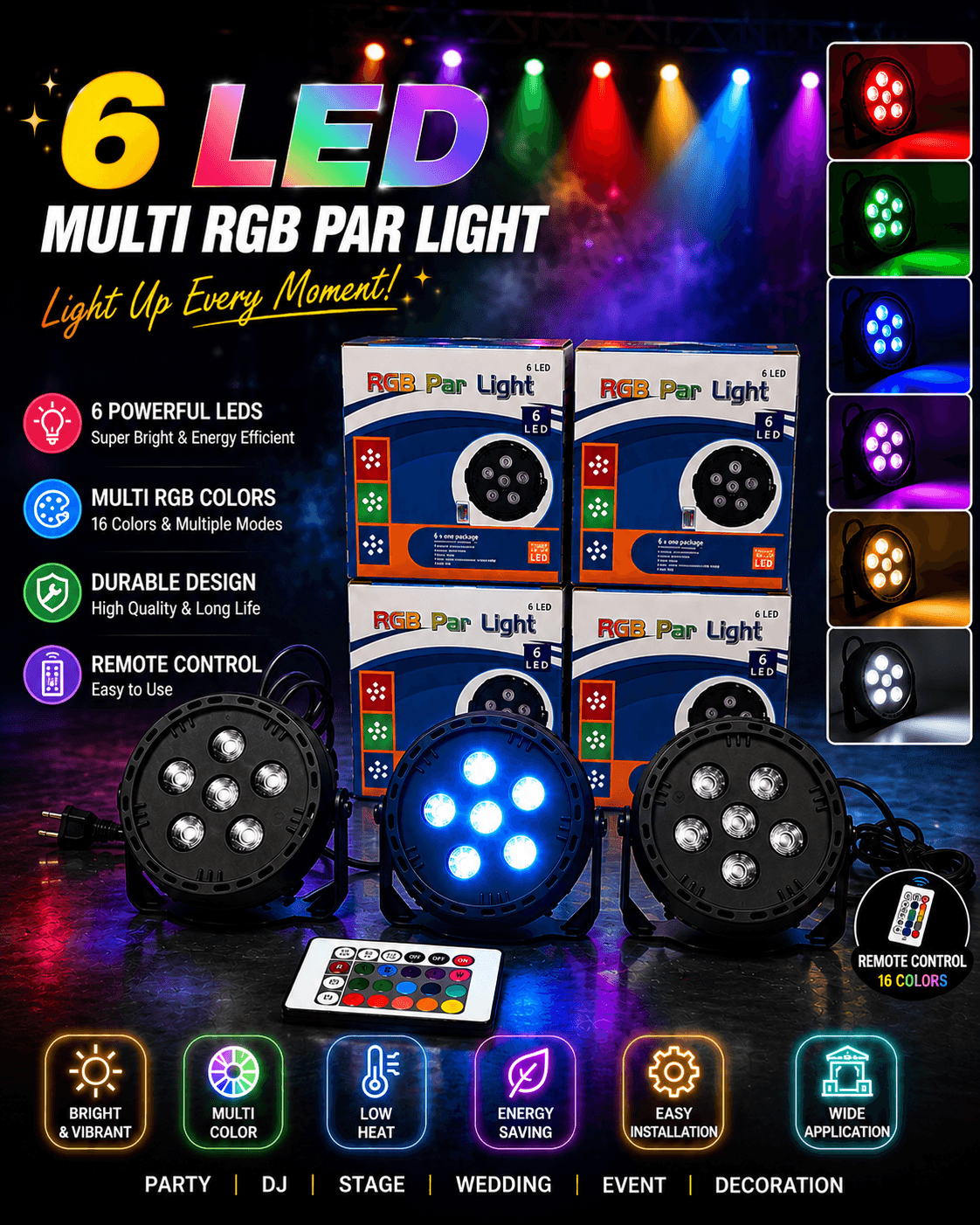 6 LED Multi RGB Par Light – Compact Stage & Party Spotlight with Remote Control (16 Colors & Multiple Modes)