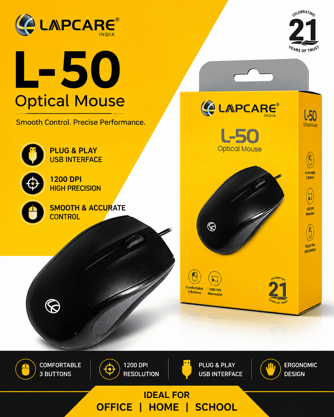 Lapcare L-50 USB Wired Optical Mouse – 1200 DPI High Resolution, Ergonomic 3-Button Design, Plug & Play for Office, Home & School