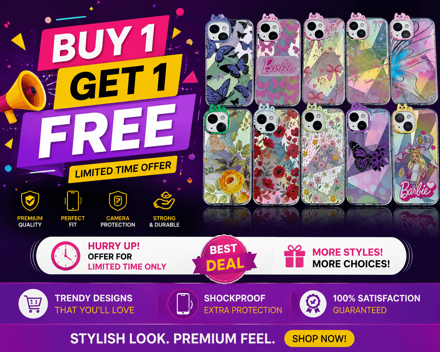 BUY 1 GET 1 FREE NEW SHINING PRINT SIDE SOFT BACK HARD WITH NEW CAMERA RING CASE — Model: IP 15 PROMAX