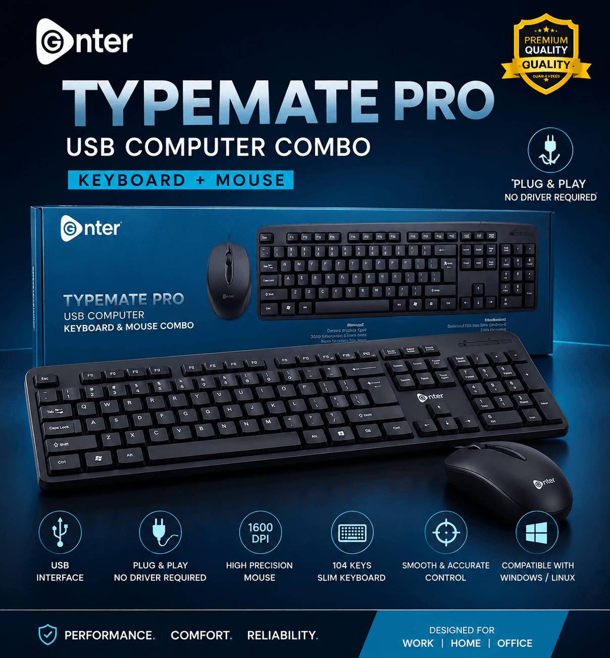 Enter TYPEMATE PRO USB Keyboard & Mouse Combo – 1600 DPI Precision Mouse & 104-Key Slim Keyboard, Plug & Play, Black