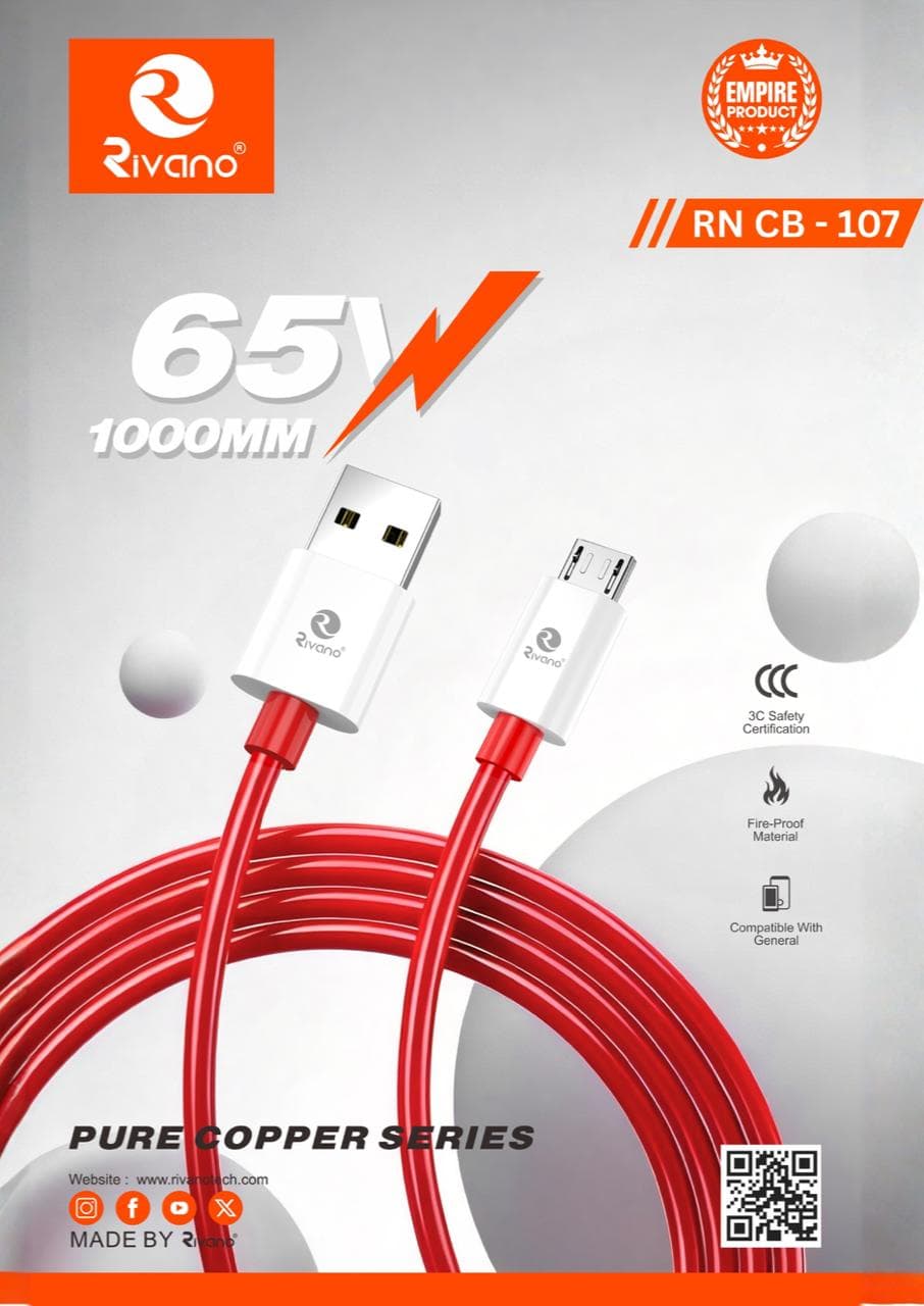 Rivano RN CB-107: 65W Fast Charge Pure Copper Micro-USB Cable – 1000mm Durable Red Cable