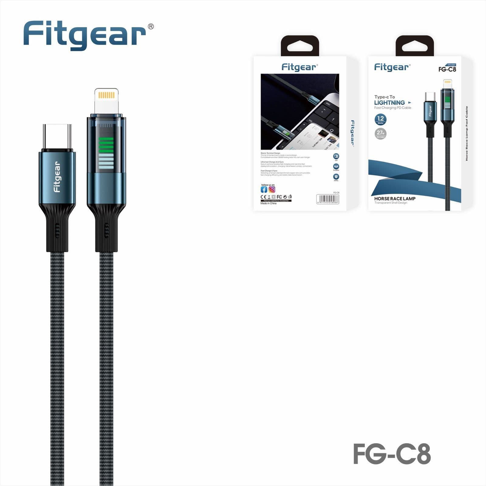 Fitgear FG-C8 Type-C to Lightning 27W PD Fast Charging Cable (1.2m) – Horse Race Lamp Transparent Shell Braided Data Cable