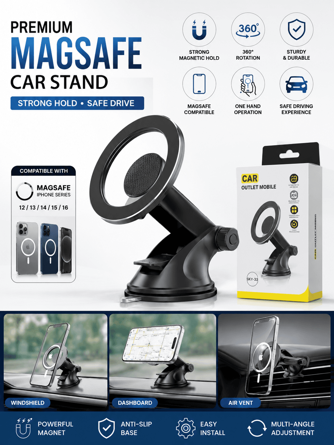 MagSafe Car Mount Stand with Strong Suction & 360° Rotation