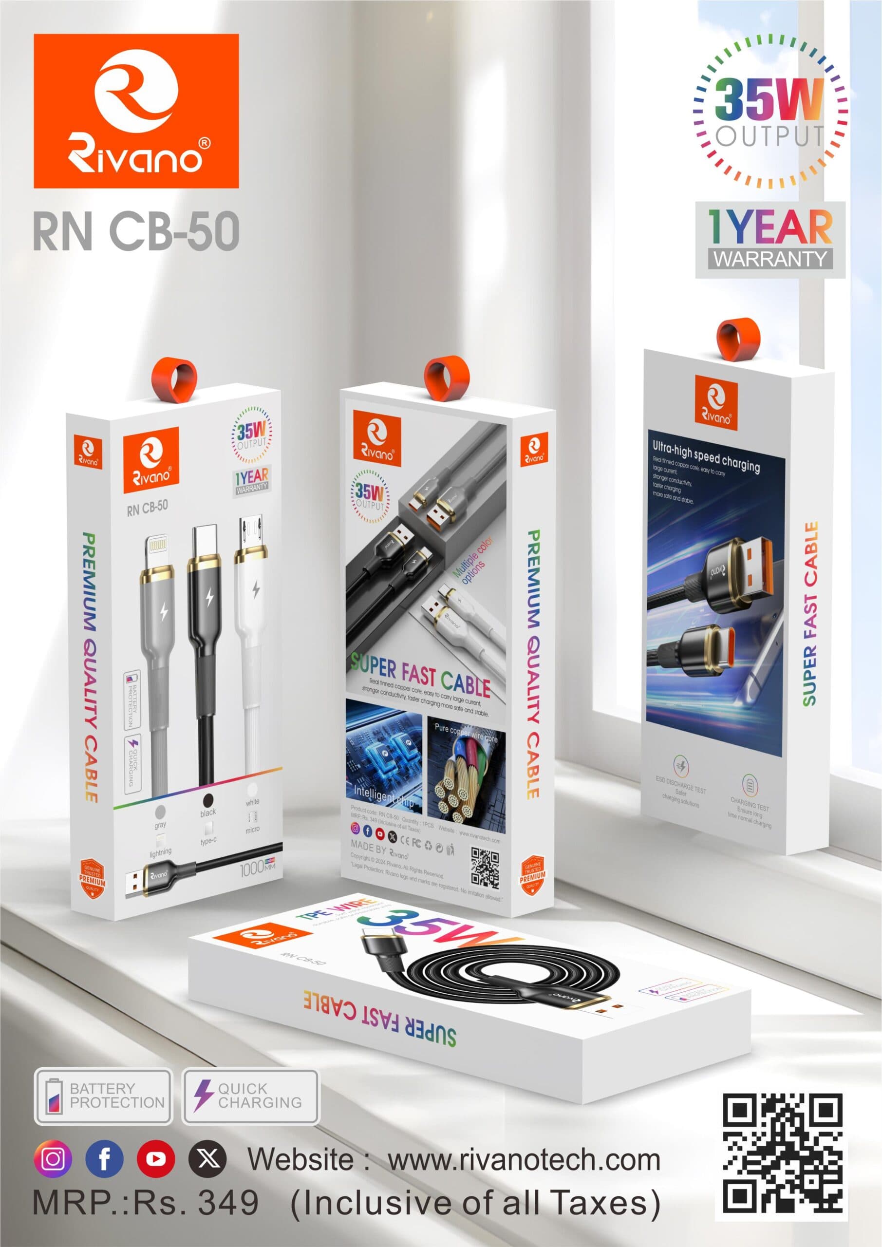 RIVANO RN CB-50 35W OUTPUT PREMIUM QUALITY SUPER FAST TYPE C CHARGING CABLE