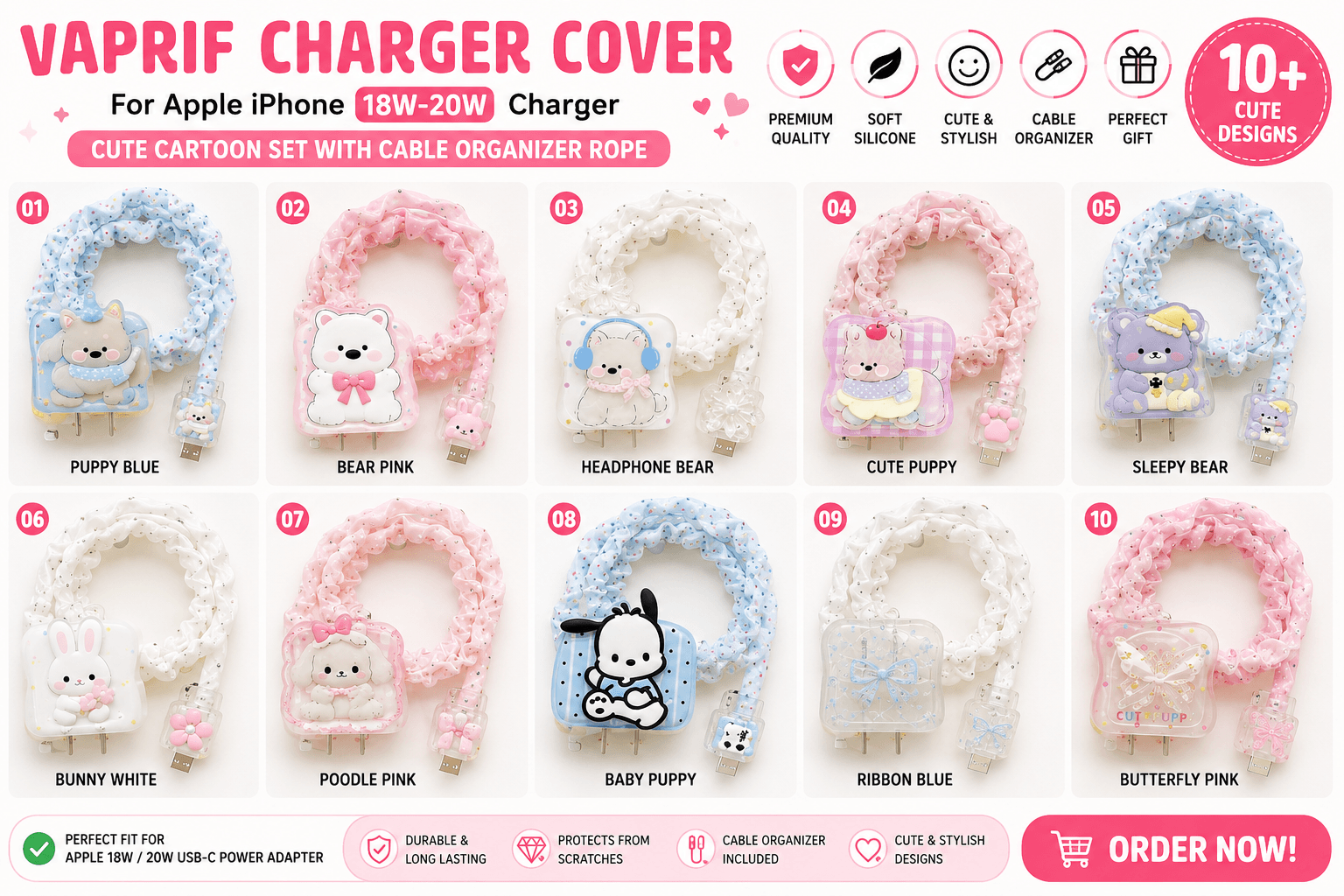 Kawaii Cartoon iPhone Charger Cover Set – 18W/20W Adapter Protector