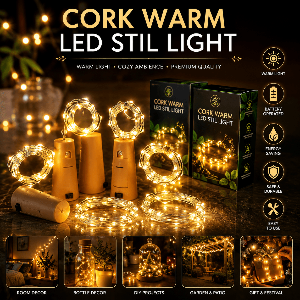 Cork Warm LED String Light – Battery Operated Bottle Lights with Flexible Copper Wire for DIY & Festive Decor