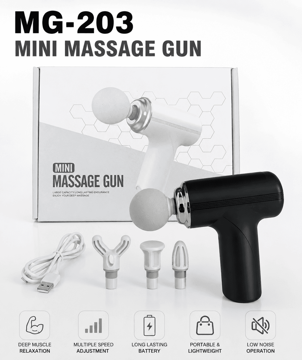 MG-203 Portable Mini Massage Gun – Rechargeable Handheld Percussion Massager with 4 Attachments