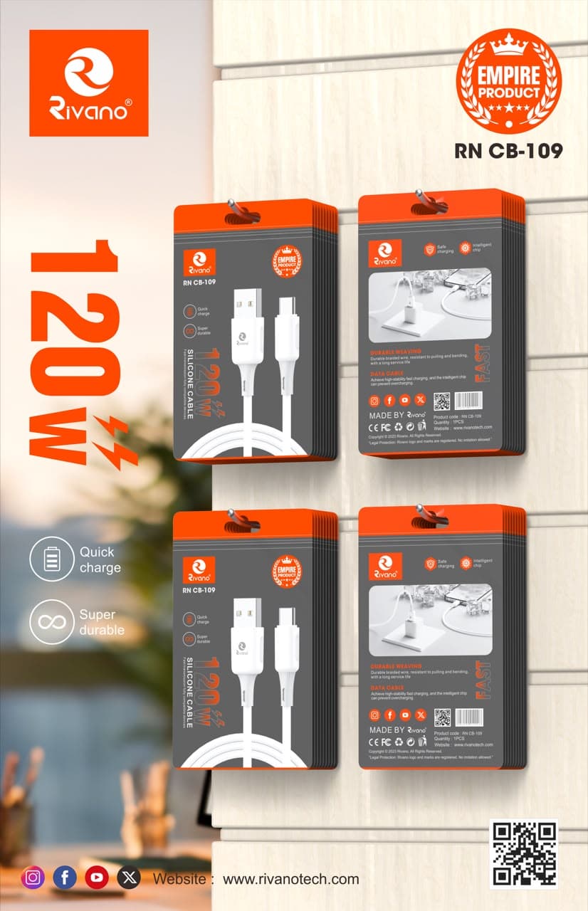 Rivano RN CB-109 120W Fast Charging USB to Type-C Cable with Super Durable Silicone Wire & Intelligent Chip