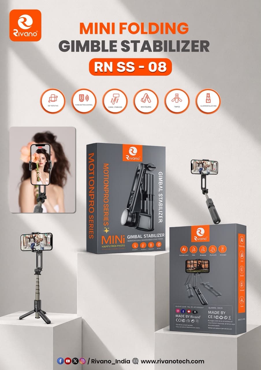 Rivano MotionPro Series RN SS-08 Mini Folding Gimbal Stabilizer with 360° Rotation, Extendable Aluminium Rod & Remote