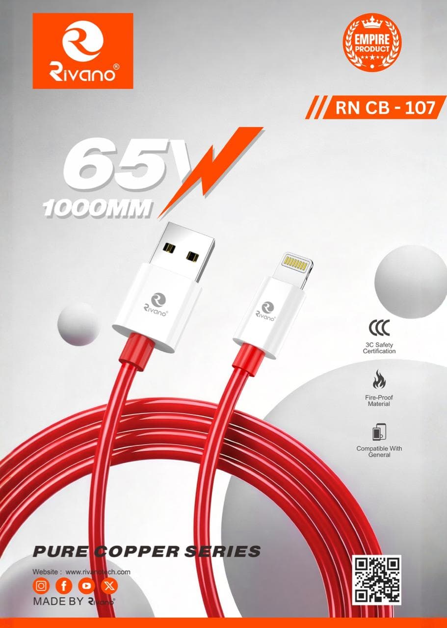 Rivano RN CB-107: 65W Fast Charge iPhone Lightning Cable – 1000mm Pure Copper Red Cable