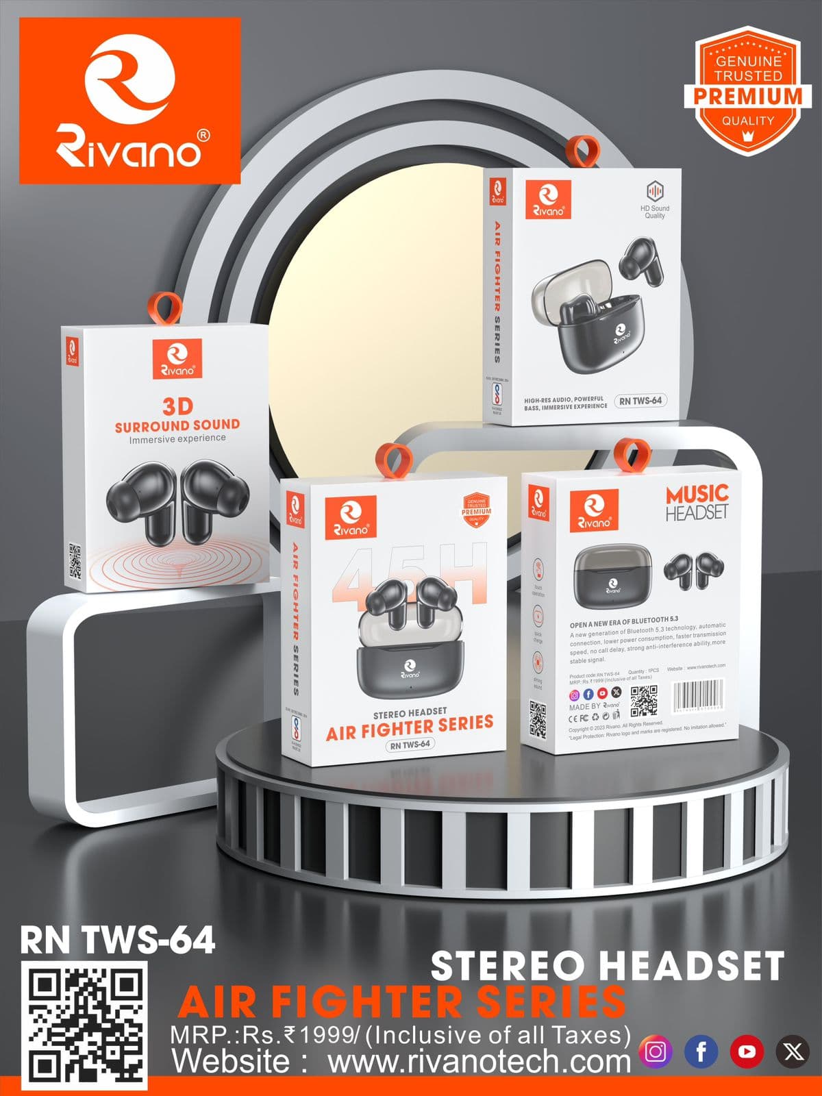 Rivano RN TWS-64 Air Fighter Series – Premium 3D Surround Sound Wireless Stereo Headset