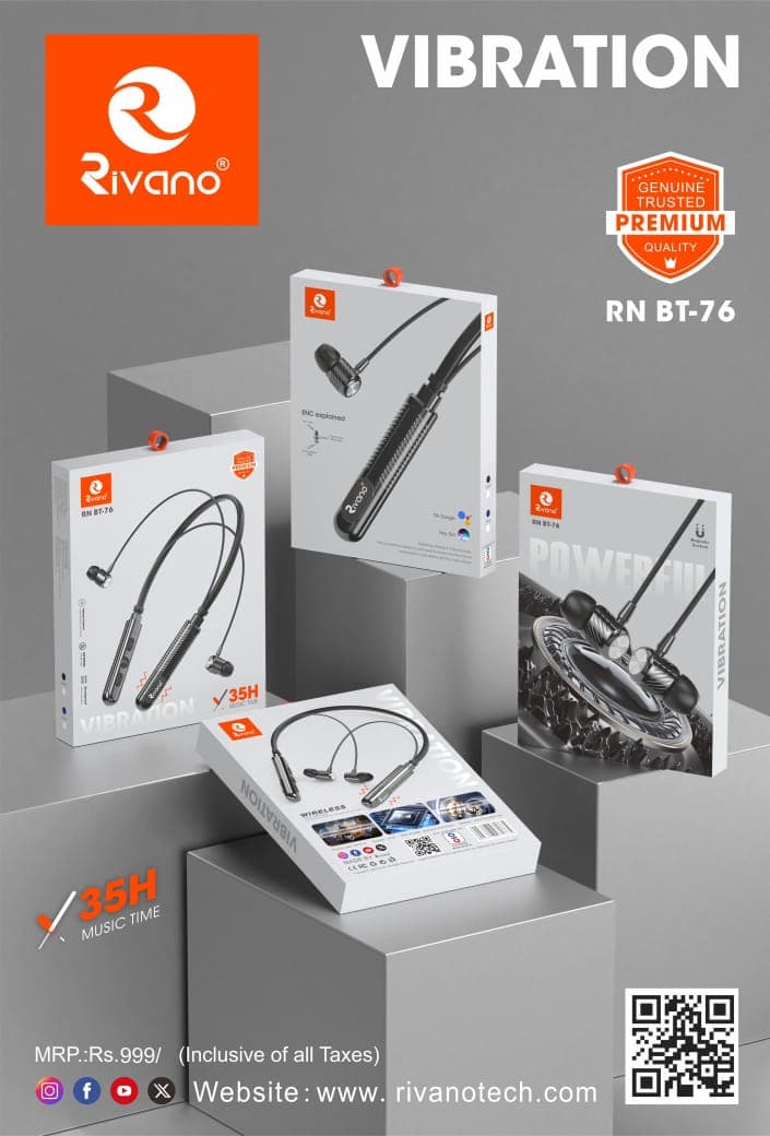 Rivano RN BT-76 Bluetooth Neckband – 250 Hours Standby Time