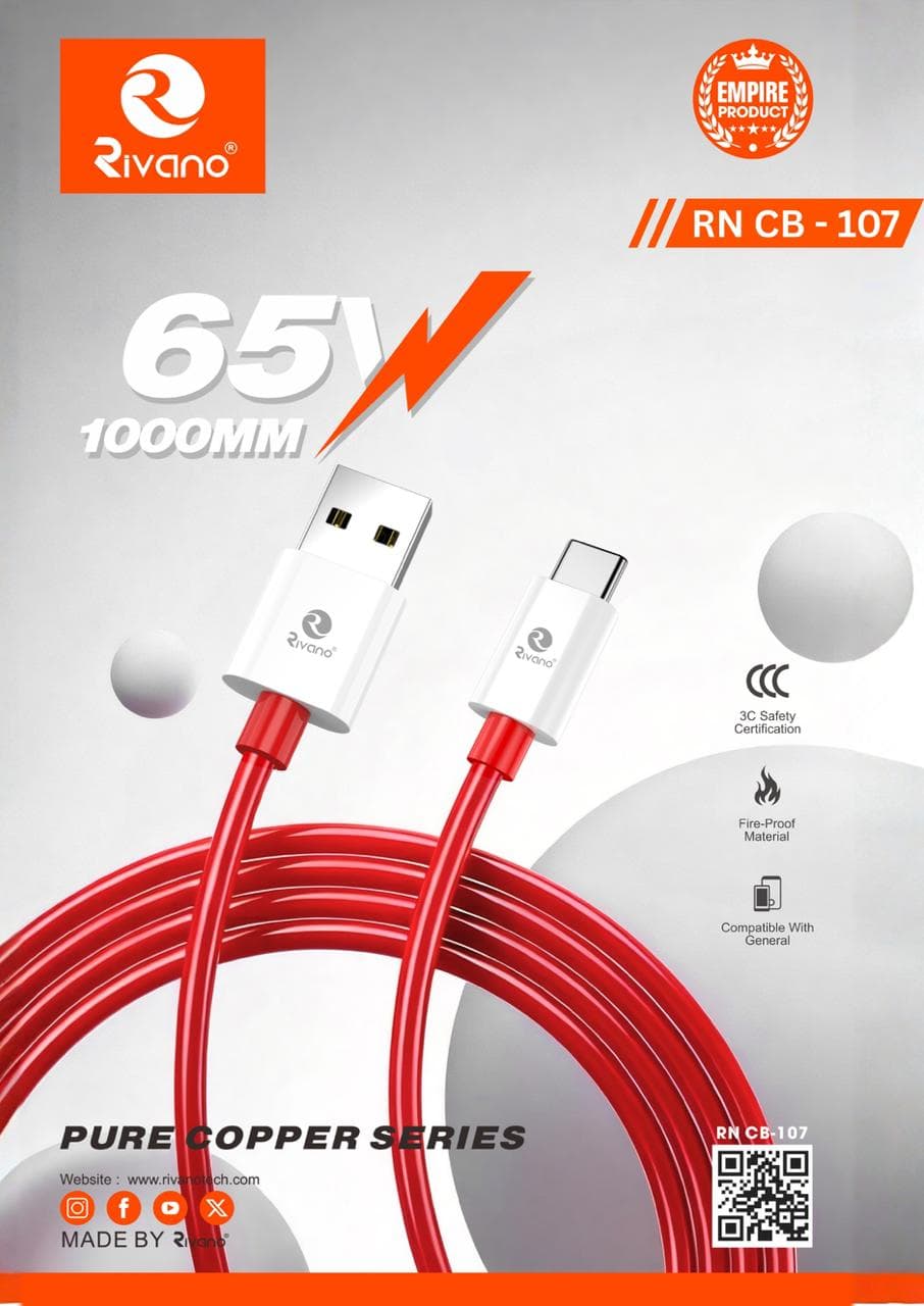 Rivano RN CB-107: 65W Fast Charge Type-C Pure Copper Cable – 1000mm Red