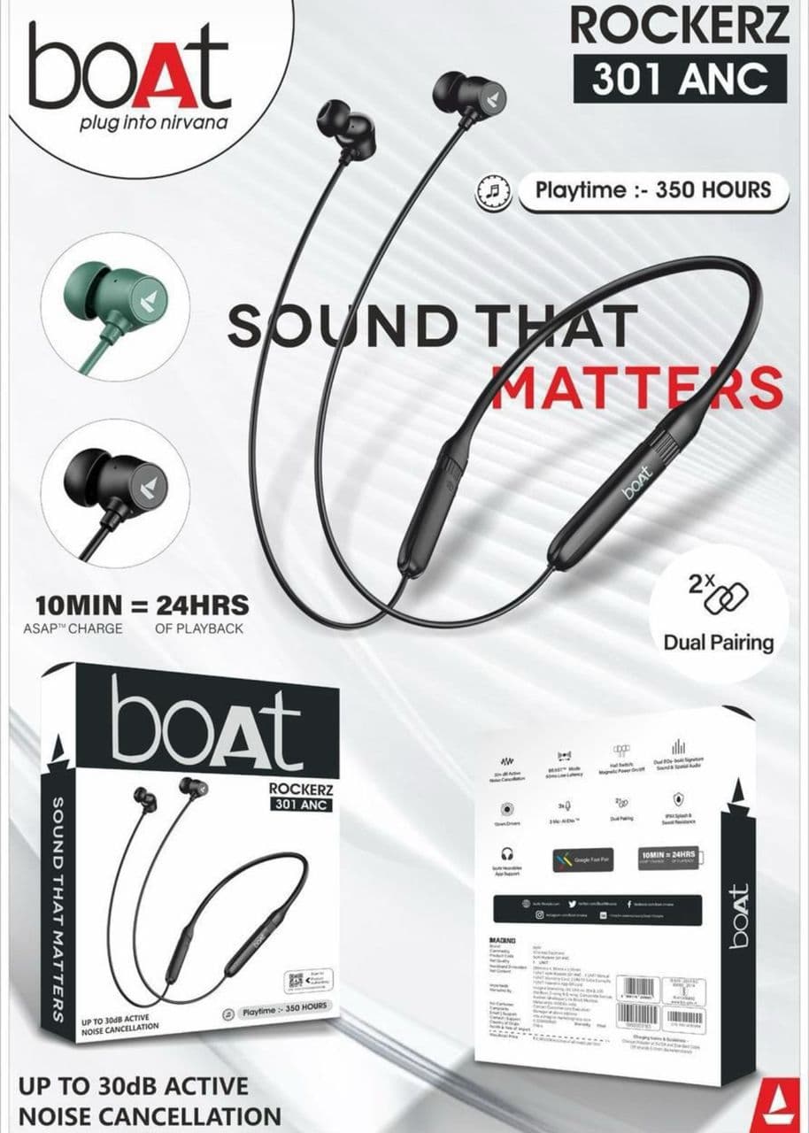 boAt Rockerz 301 ANC Wireless Neckband with 350H Playtime & Dual Pairing