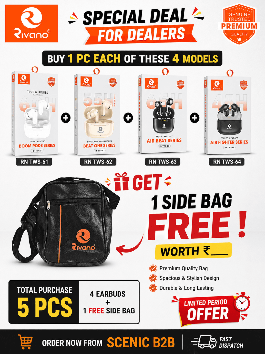 Rivano 4-in-1 Wireless Earbuds Combo Pack (RN TWS-61, TWS-62, TWS-63, TWS-64) + Free Premium Rivano Side Bag |