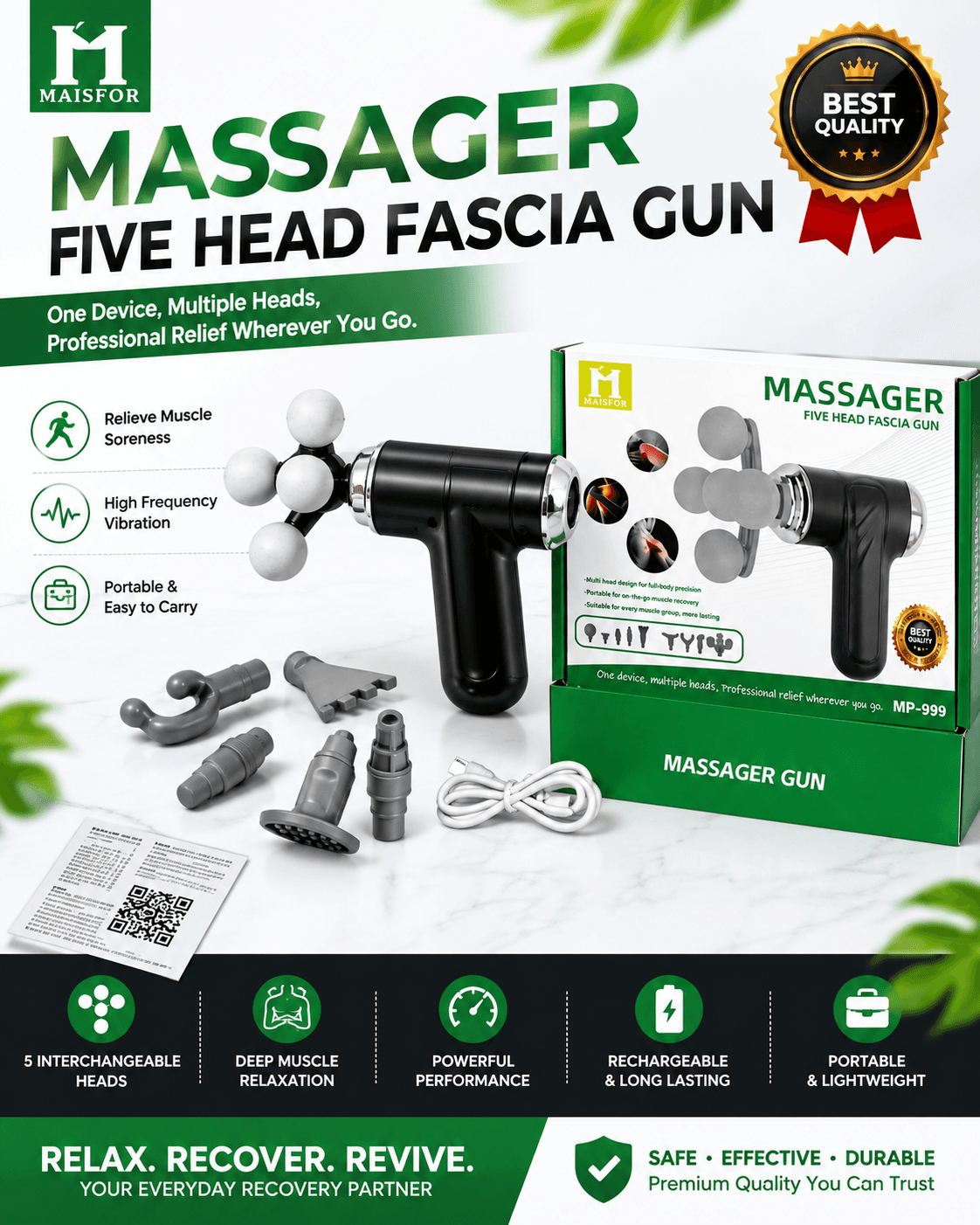 MAISFOR MP-999 Percussion Massage Gun – Rechargeable 5-Head Deep Tissue Fascia Massager for Muscle Recovery