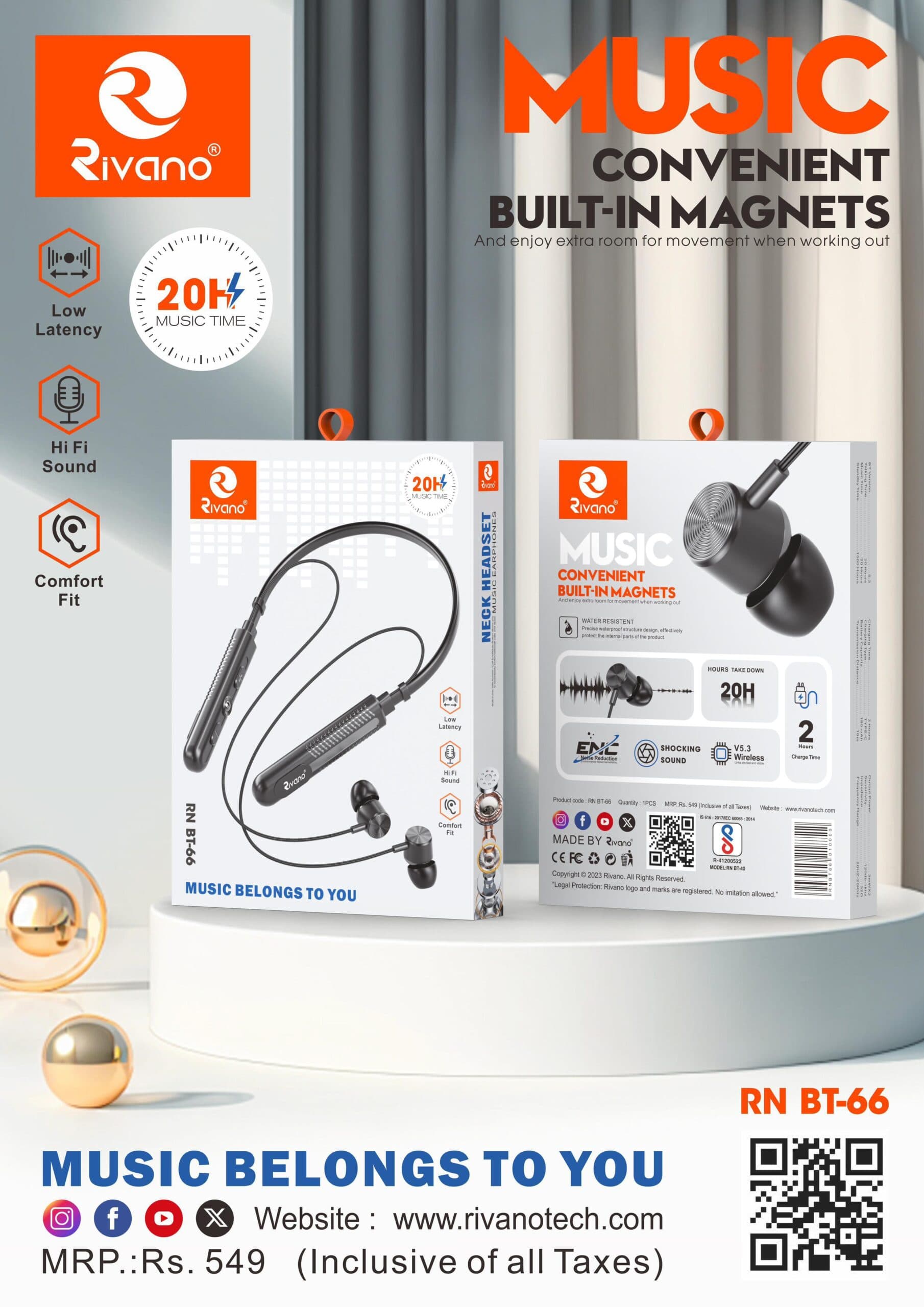 Rivano RN BT-66 Wireless Bluetooth Neckband – 20H Music Time, Low Latency, ENC, & Magnetic Buds