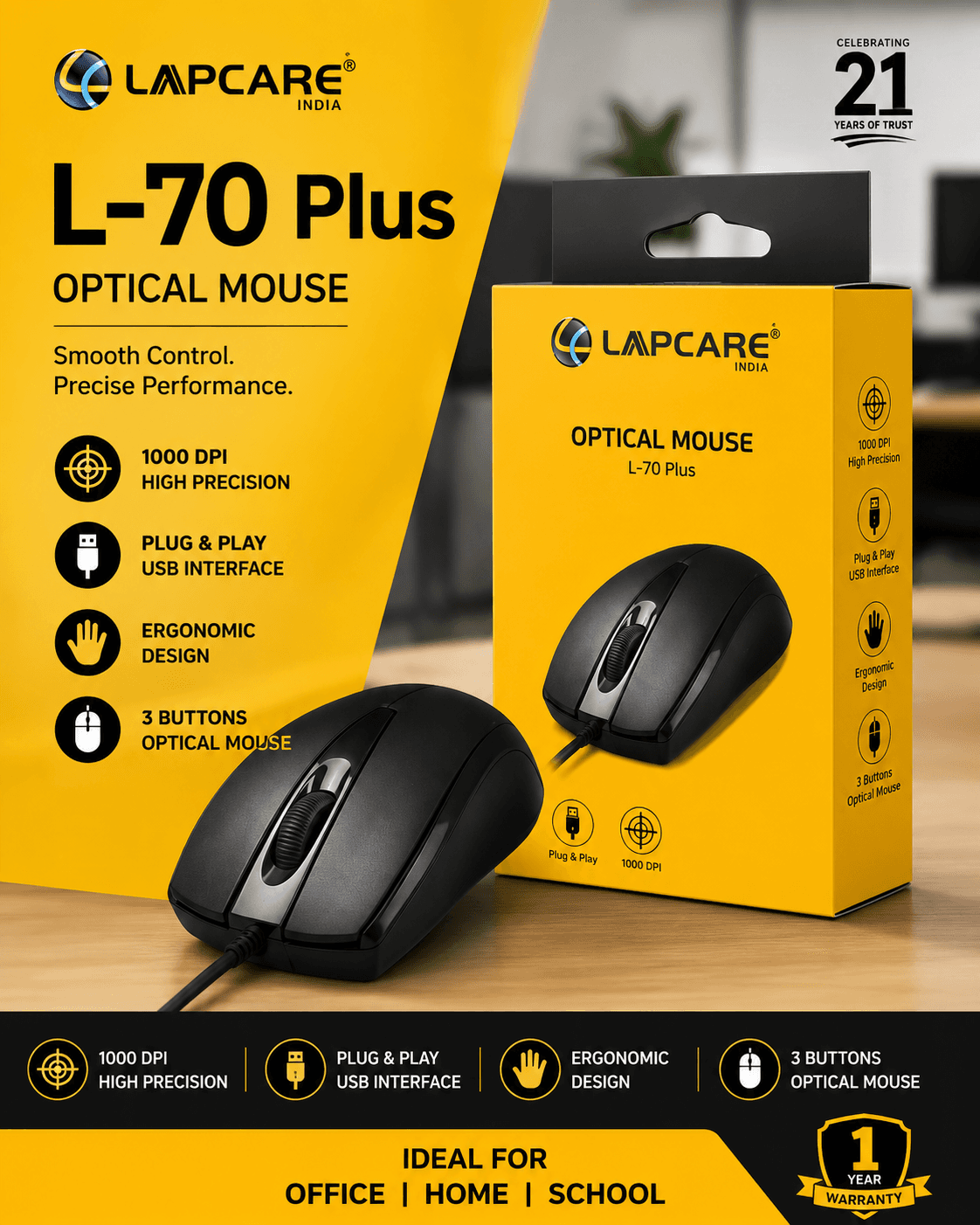 Lapcare L-70 Plus USB Wired Optical Mouse – 1000 DPI Precision, Ergonomic 3-Button Design, Plug & Play for Office, Home & School