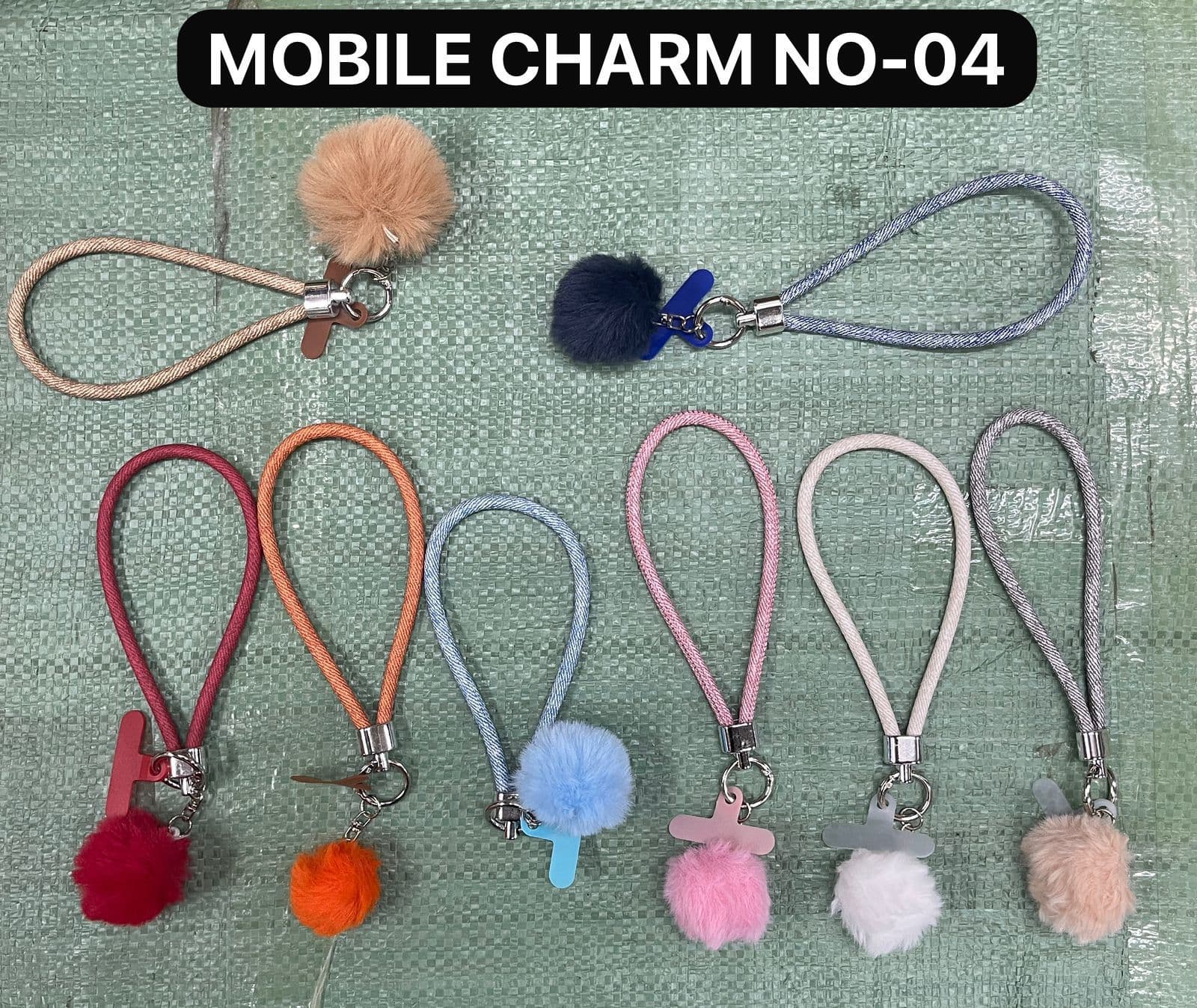 04 Faux Fur Pom Pom Phone Wristlet – Shimmer Cord Mobile Strap with Soft Plush Charm – Universal Hand Lanyard