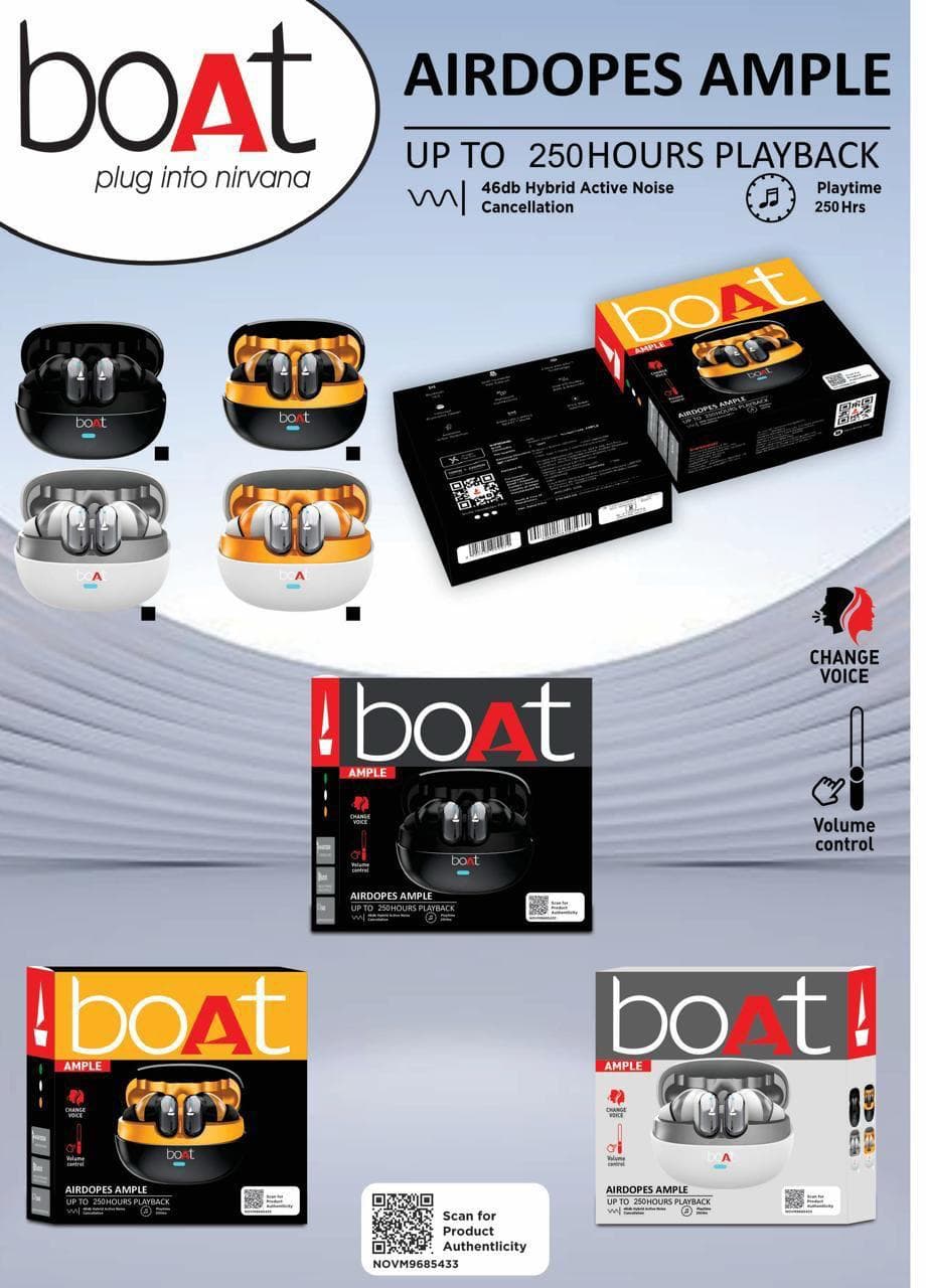 boAt Airdopes Ample Wireless Earbuds with 46dB Hybrid ANC & 250 Hours Playtime