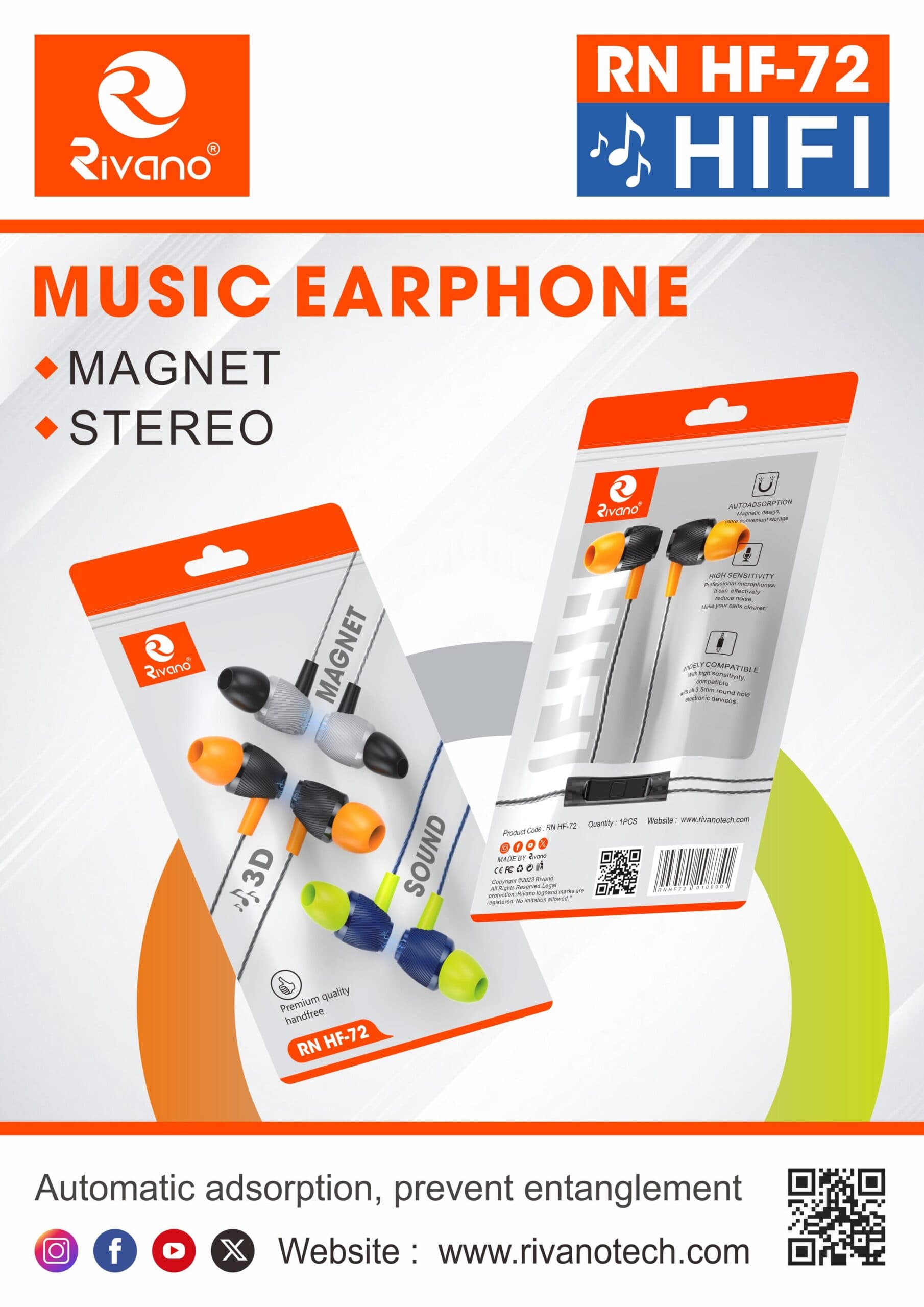 RIVANO RN HF-72 MAGNET 3D SOUND STEREO WIRED EARPHONE
