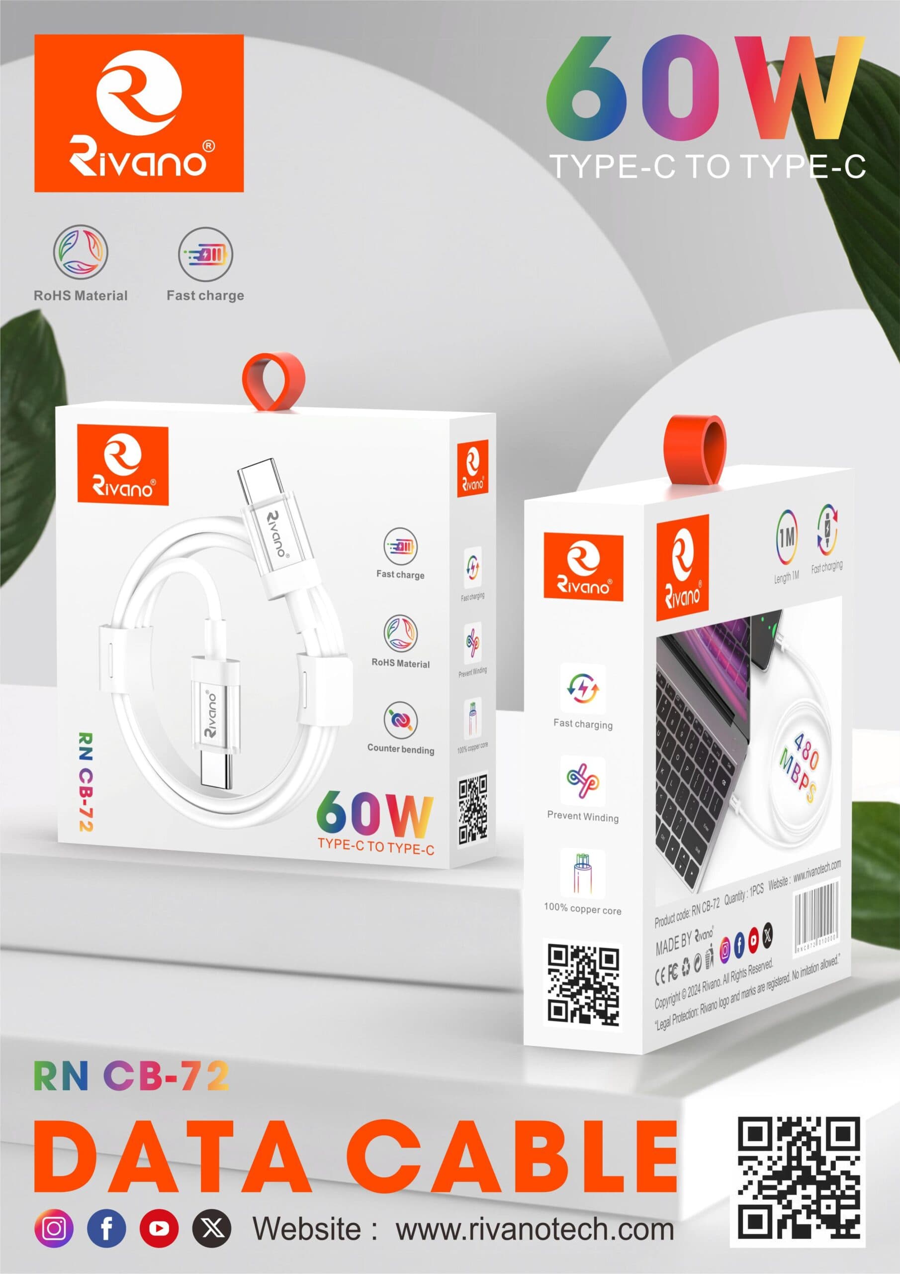 Rivano CB 72 60W Type-C to Type-C Data Cable.