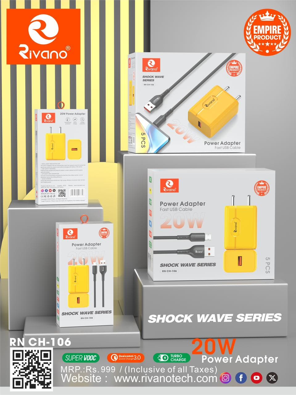 Rivano Shock Wave Series RN CH-106 20W Power Adapter with Type -C -USB Fast Charging Cable
